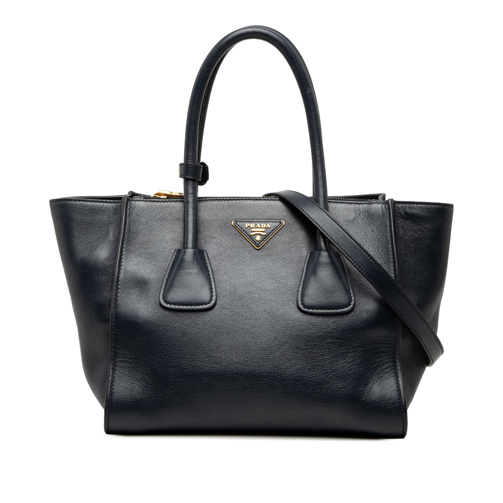 Prada blue calf leather twin pocket satchel: Prada blue calf leather twin pocket satchel This Prada Glace Calf Twin Pocket Double Handle Satchel is crafted from blue calf leather and features rolled leather handles, a detachable flat leather str