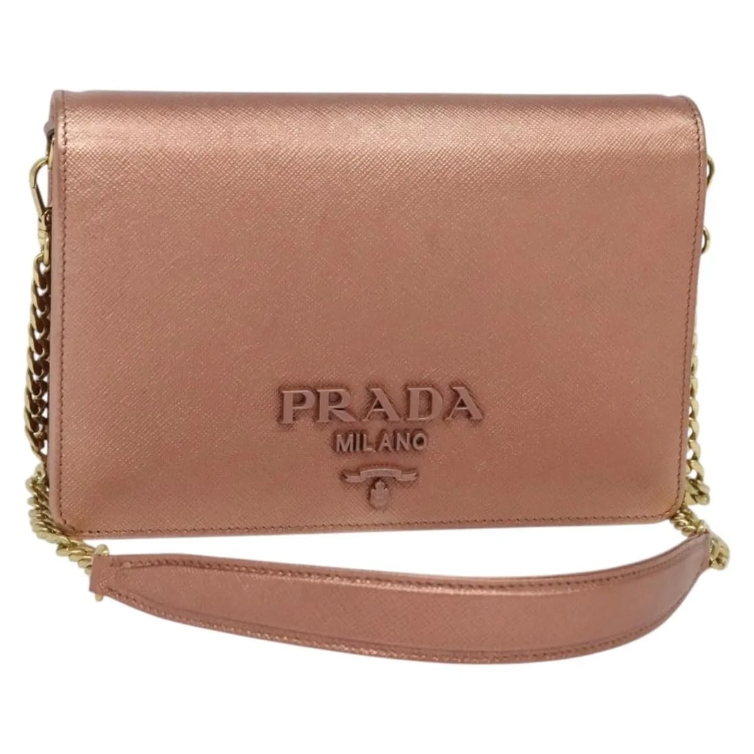Prada Pink Saffiano Leather Chain Flap Bag 20cm by 12cm by 3cm: Prada Pink Saffiano Leather Chain Flap Bag 20cm by 12cm by 3cm This Prada Monochrome Chain Flap Bag is crafted from pink saffiano leather, designed for females. It features a compact silhouette with a
