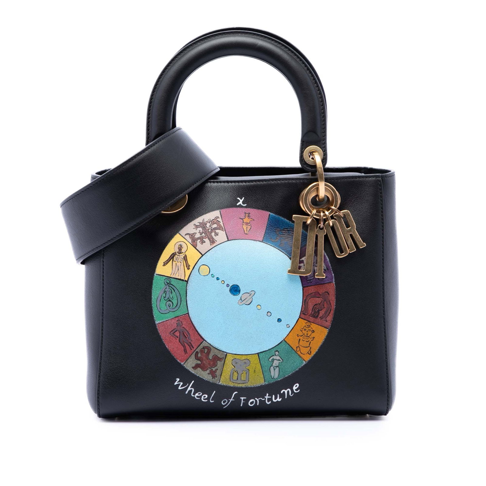 Dior Lady Dior Medium Calfskin Tarot Wheel of Fortune Bag: Dior Lady Dior Medium Calfskin Tarot Wheel of Fortune Bag Medium Lady Dior handbag in black printed calfskin with the Wheel of Fortune Tarot design. This bag features flat leather top handles, a detac