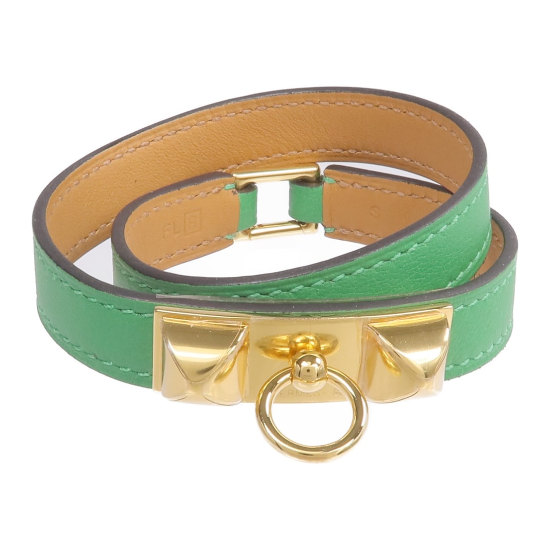 Hermes Rivale Double Tour Green Swift Leather Bracelet Gold Hardware: Hermes Rivale Double Tour Green Swift Leather Bracelet Gold Hardware This Hermes Rivale Double Tour Bracelet features Swift leather in a vibrant green menthe shade. Designed for women, it showcases th