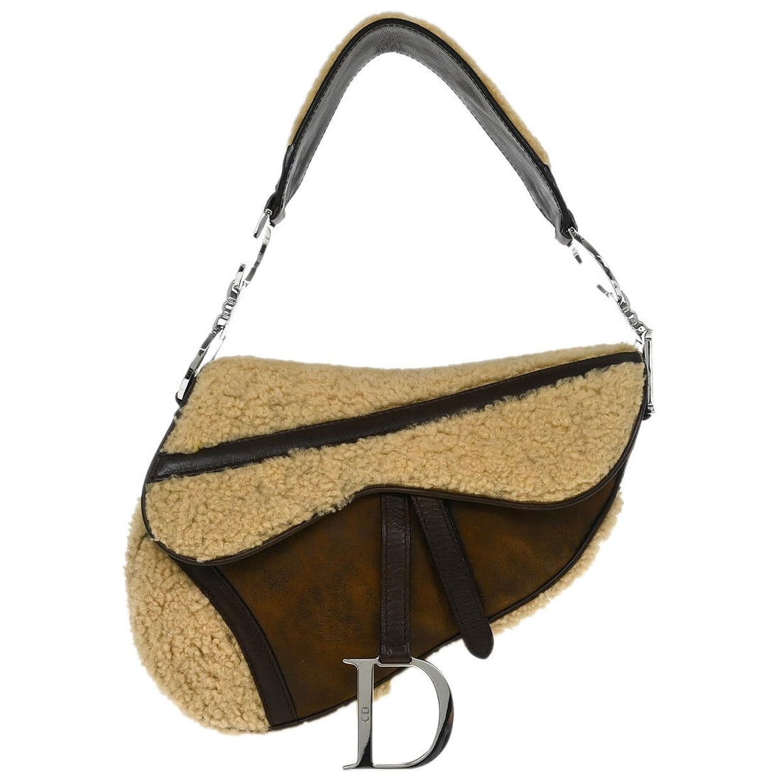 Dior Saddle Medium Shoulder Bag Brown Shearling Lambskin: Dior Saddle Medium Shoulder Bag Brown Shearling Lambskin Christian Dior Saddle handbag in brown shearling lambskin and leather. This medium shoulder bag features a Velcro tape closure and one exterior