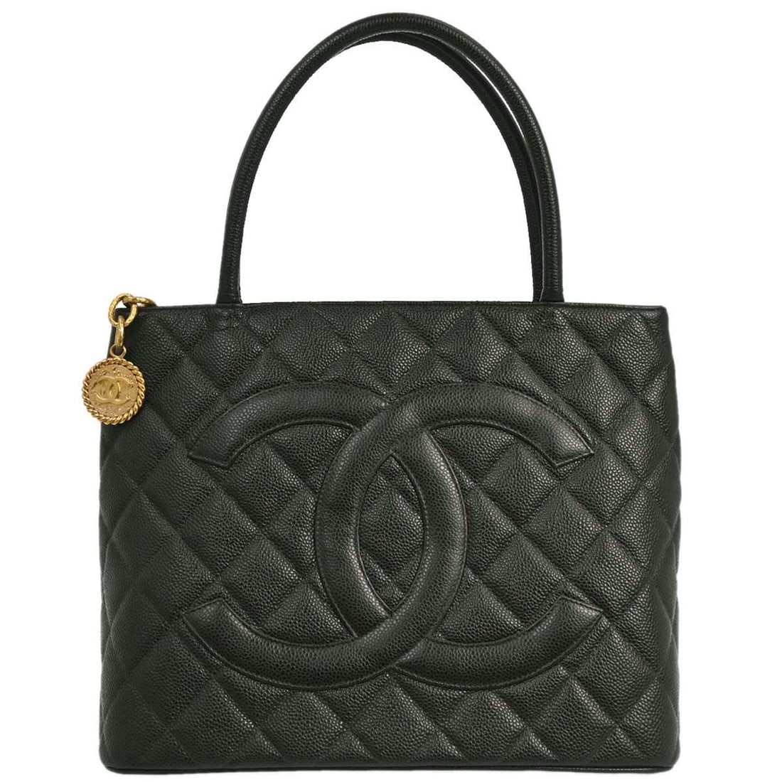 CHANEL Medallion Tote in Green Caviar Skin Leather: CHANEL Medallion Tote in Green Caviar Skin Leather Chanel Medallion tote handbag in green caviar skin leather with a quilted logo design and double handles. This medium tote features a zip-top closure