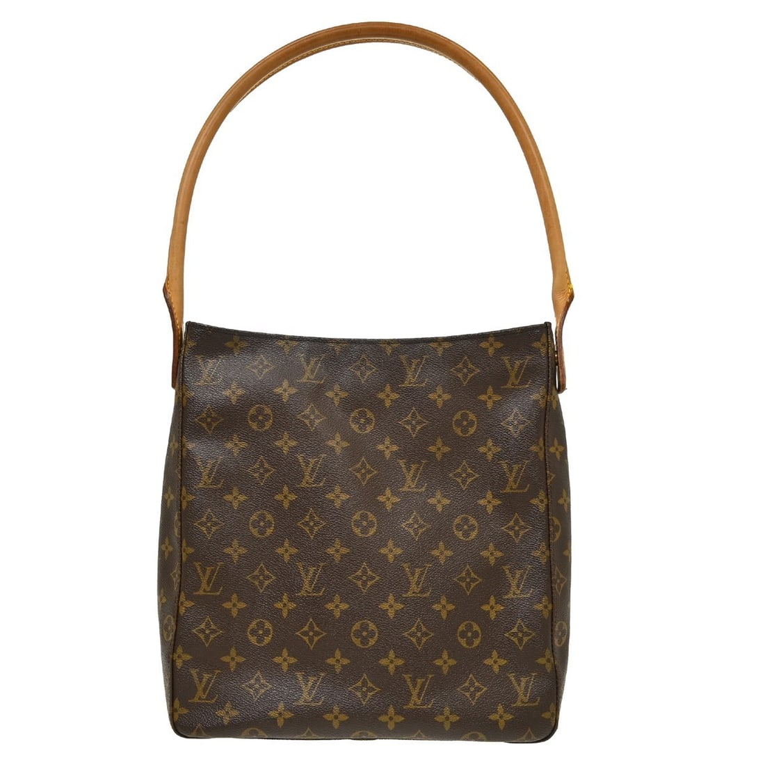 Louis Vuitton Looping GM Monogram Shoulder Bag M51145: Louis Vuitton Looping GM Monogram Shoulder Bag M51145 Vintage Louis Vuitton Looping GM shoulder bag in brown Monogram canvas with leather trim and a beige leather shoulder strap. The interior features