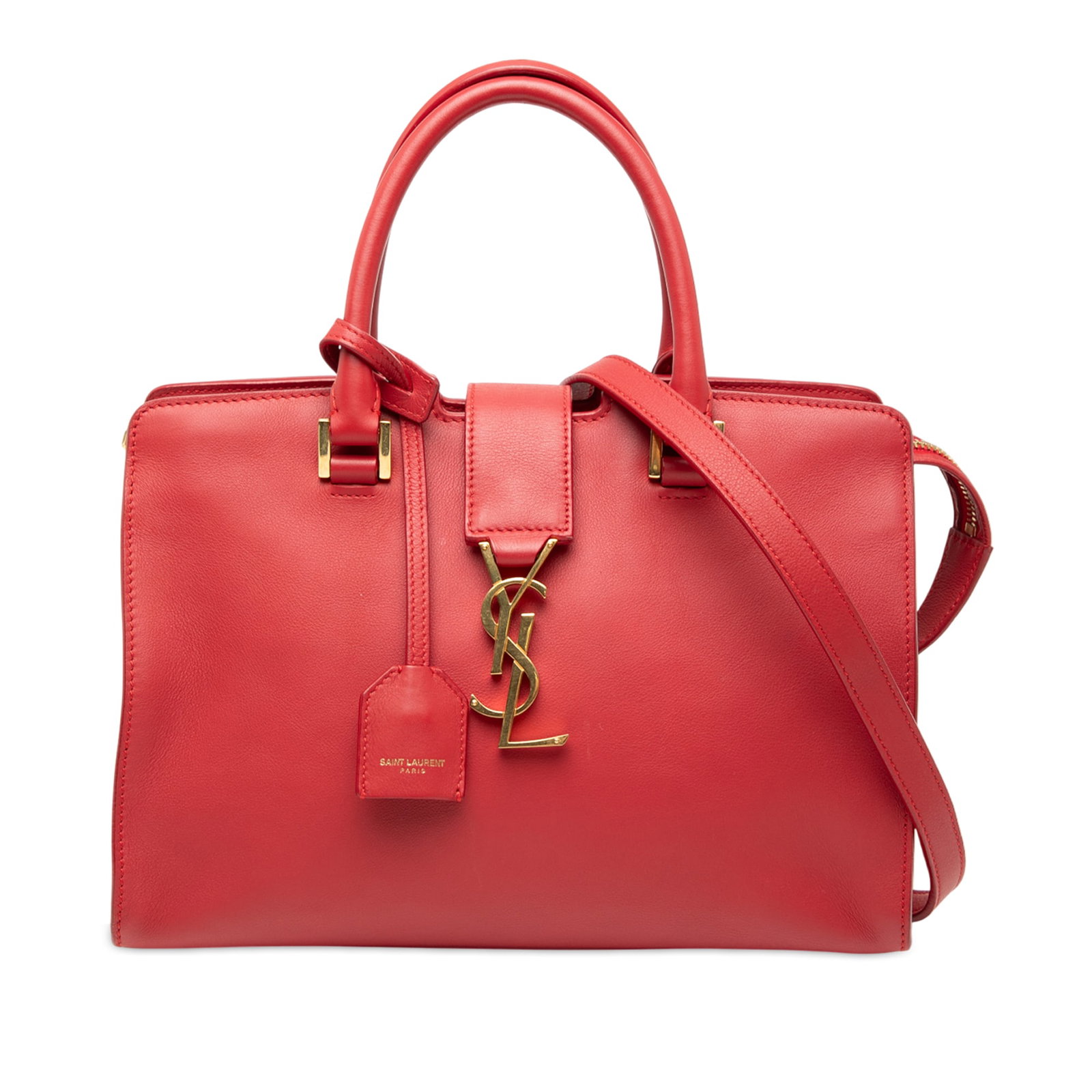 Saint Laurent Baby Downtown Cabas Leather Satchel with Monogram Detail: Saint Laurent Baby Downtown Cabas Leather Satchel with Monogram Detail This Saint Laurent Baby Leather Monogram Downtown Cabas Satchel is crafted from red leather and features rolled leather handles, 