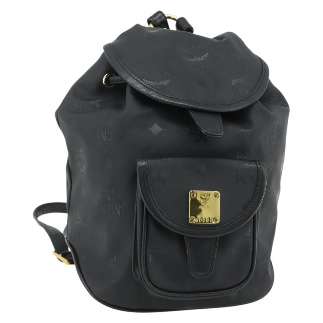 MCM Black Gold Vicetos Logogram PVC Leather Backpack: MCM Black Gold Vicetos Logogram PVC Leather Backpack MCM Vicetos logogram backpack in black and gold PVC leather. This women's backpack was made in Germany and includes only the item shown, with no it