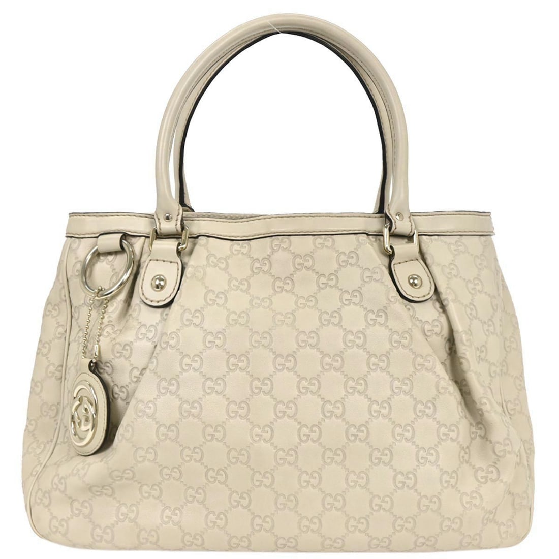 Gucci Guccissima Leather Hobo Bag Off White GG Charm 296835 520981: Gucci Guccissima Leather Hobo Bag Off White GG Charm 296835 520981 Vintage Gucci tote handbag in off-white Guccissima leather with the Gucci GG pattern. Made in Italy, this large bag features a struct