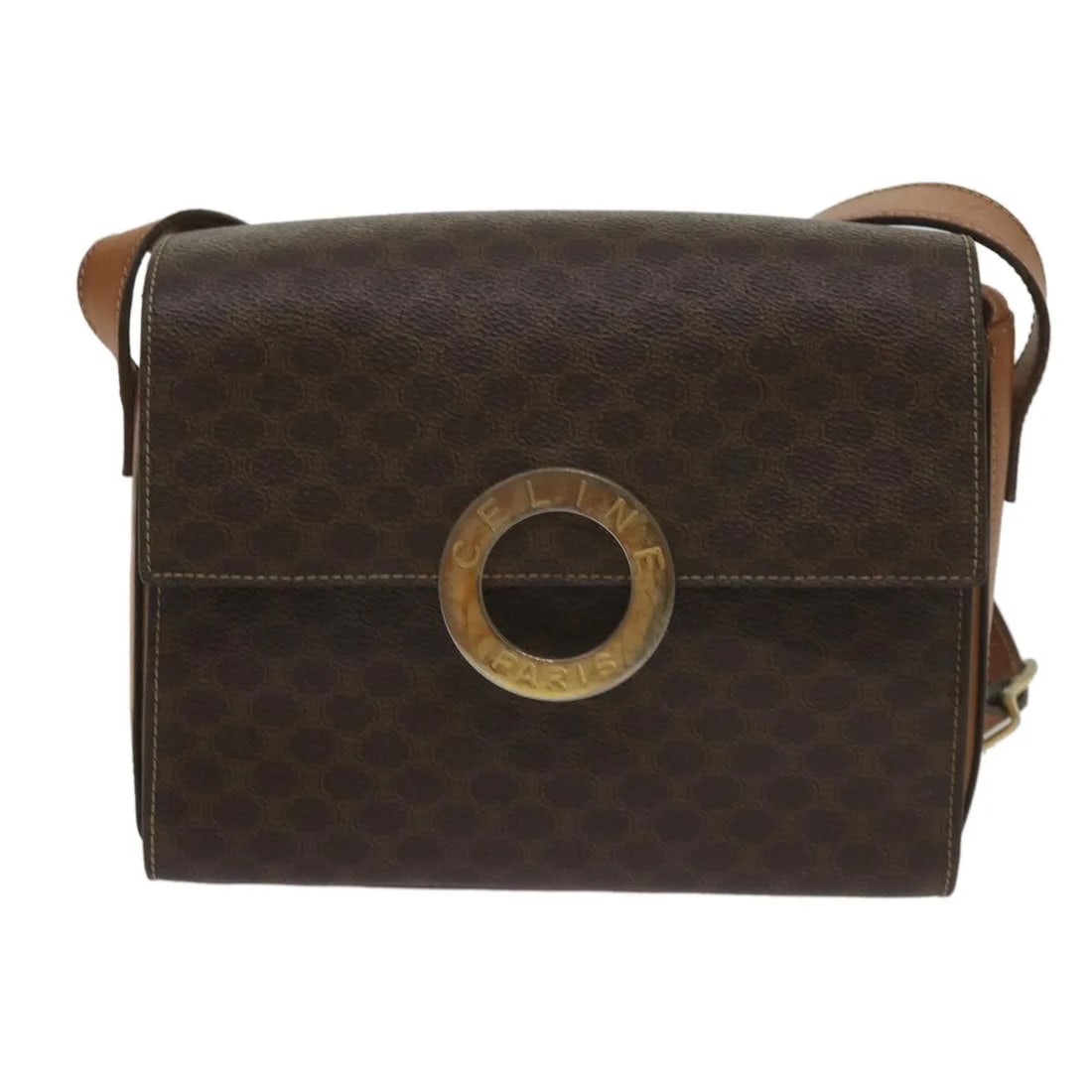 Celine Vintage Macadam Circle Logo Shoulder Bag Brown Canvas Leather: Celine Vintage Macadam Circle Logo Shoulder Bag Brown Canvas Leather This Celine Vintage Macadam Circle Logo shoulder bag features a classic brown canvas exterior with leather accents. Designed for wo