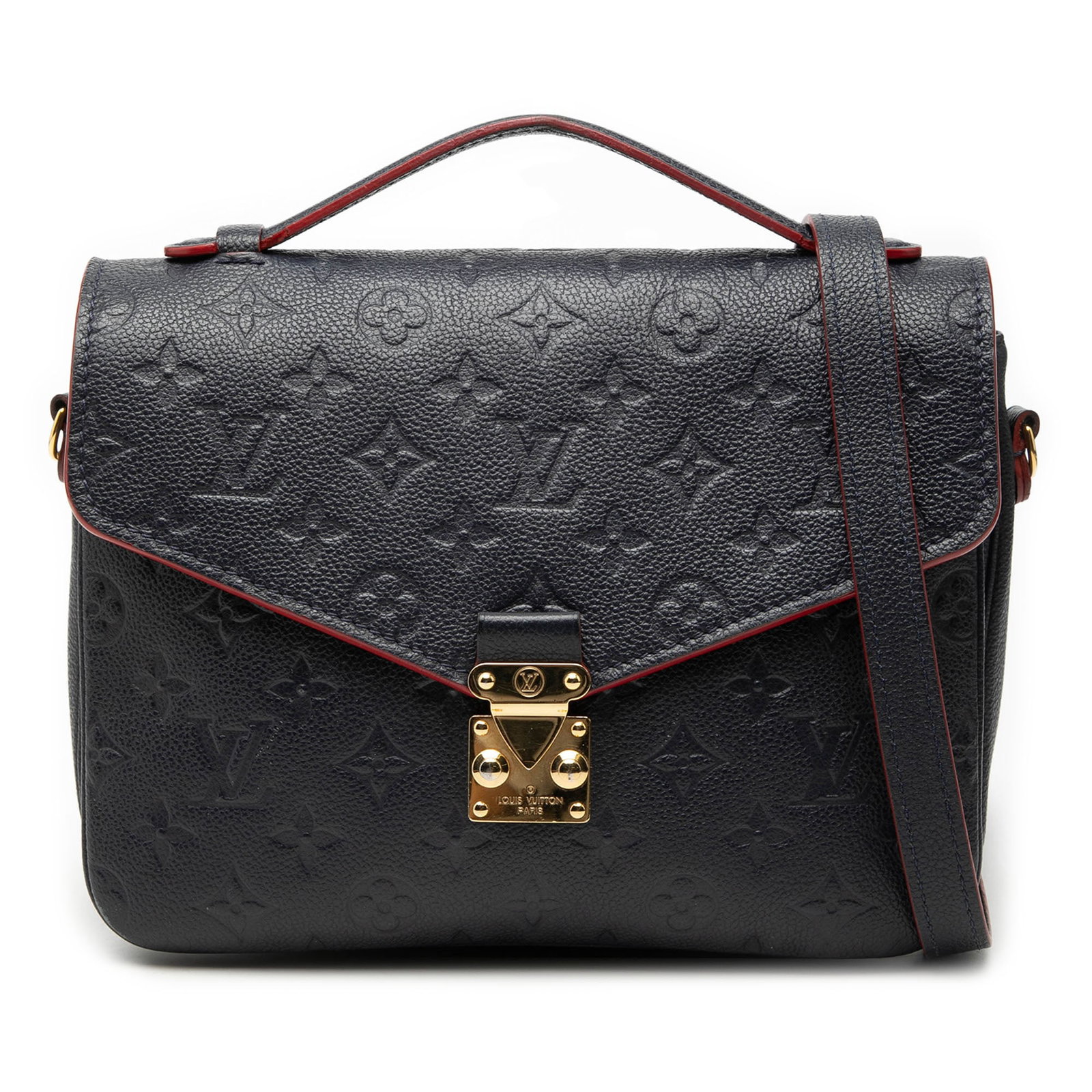 Louis Vuitton Blue Monogram Empreinte Leather Pochette Metis Bag with Strap: Louis Vuitton Blue Monogram Empreinte Leather Pochette Metis Bag with Strap This Louis Vuitton Pochette Metis features the signature monogram empreinte leather in blue, complemented by a flat leather 