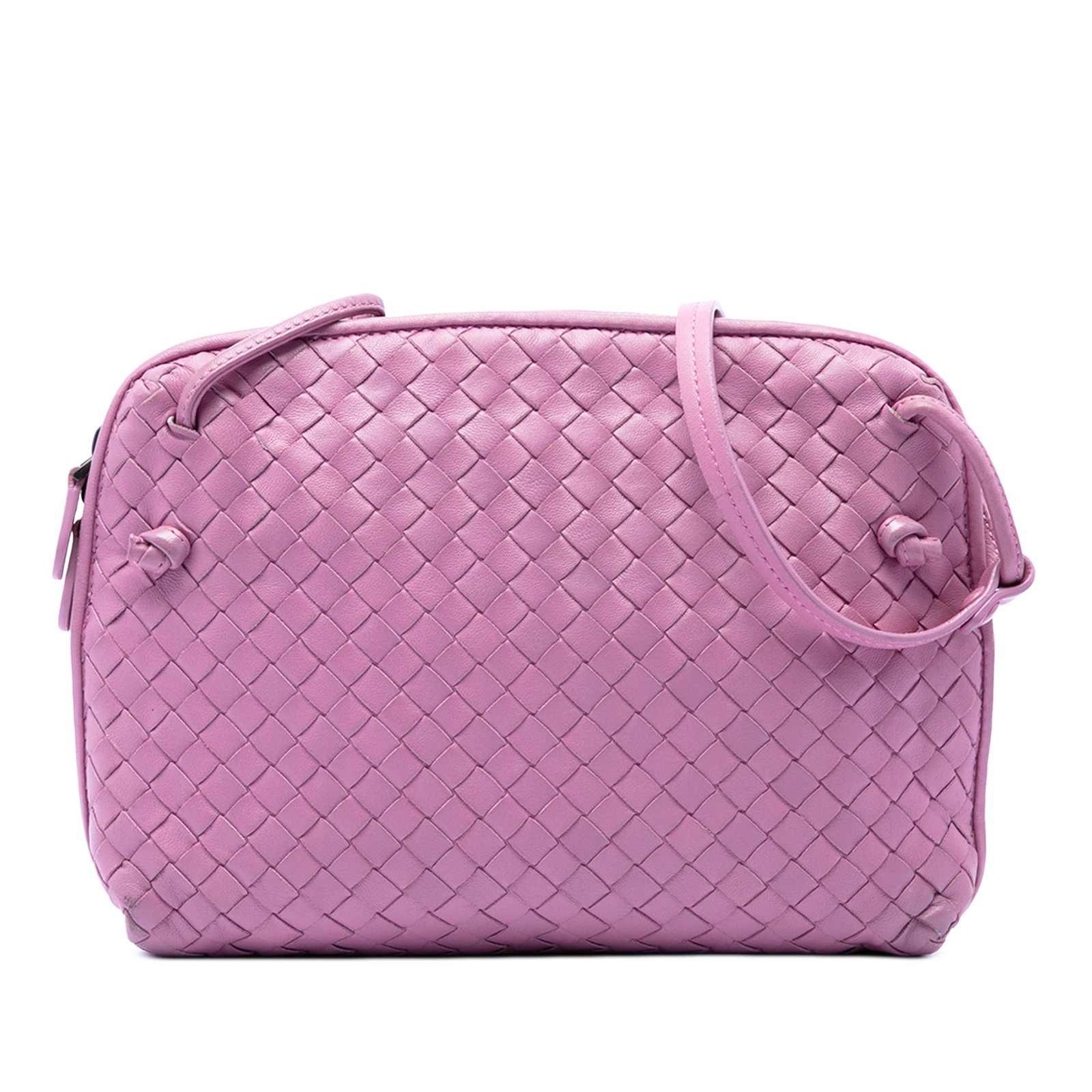 Bottega Veneta Nodini Pink Nappa Leather Intrecciato Crossbody Bag: Bottega Veneta Nodini Pink Nappa Leather Intrecciato Crossbody Bag Bottega Veneta Nodini crossbody bag crafted in woven nappa leather. This crossbody style features a flat leather strap, top zip closu