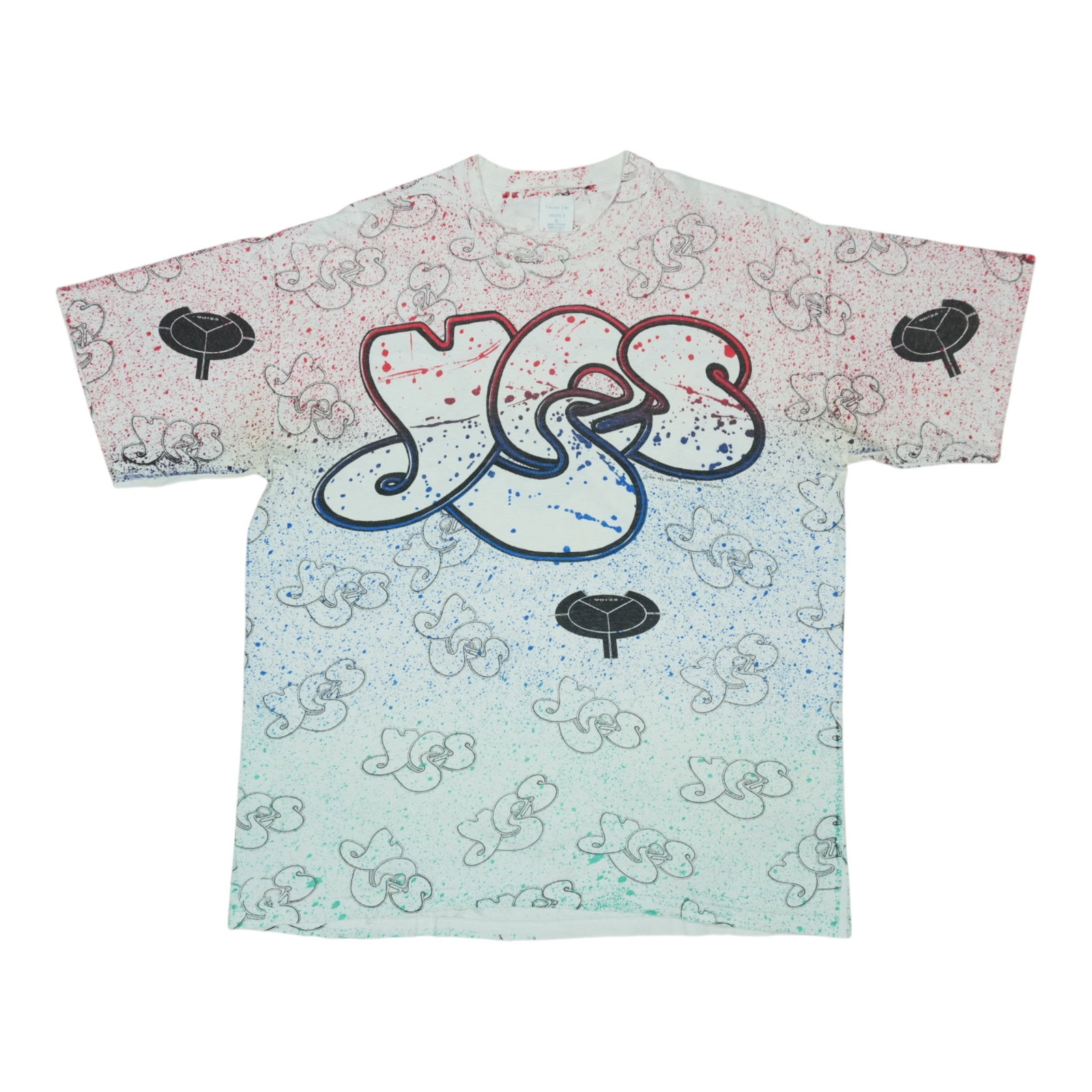 Vintage 1991 Yes 90125 Graphic All Over Print Cotton T Shirt: Vintage 1991 Yes 90125 Graphic All Over Print Cotton T Shirt This is an original vintage 1991 Yes 90125 all over print shirt featuring front and back graphics. The shirt is made from 100% cotton in wh