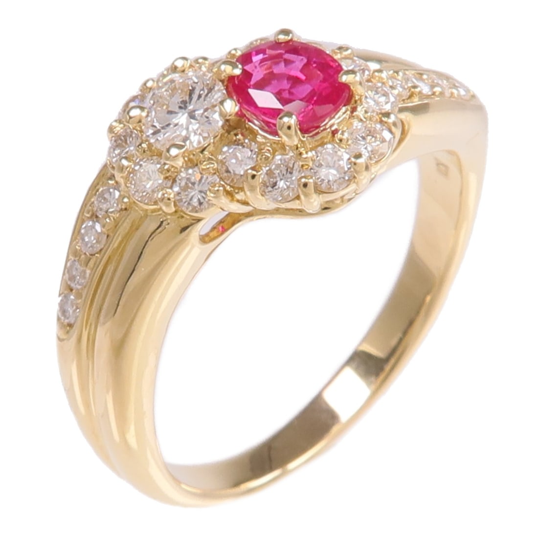 18K Yellow Gold Women's Ring with Ruby and Diamonds Size 7.25: 18K Yellow Gold Women's Ring with Ruby and Diamonds Size 7.25 This women's ring features a ruby as the main stone, set in 18K yellow gold. The ring is a size US 7.25 and is finished in a vibrant red c
