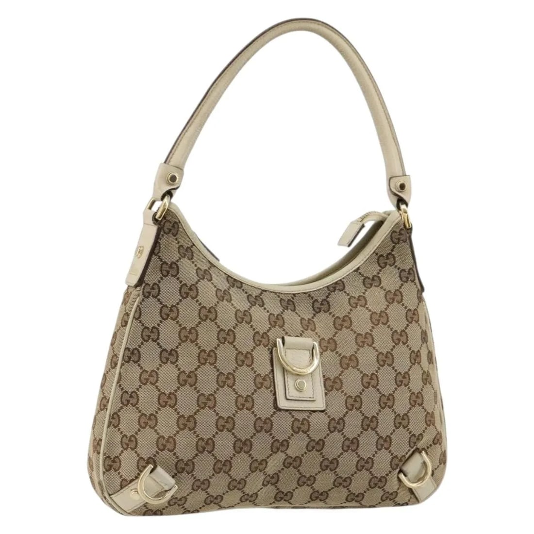 Gucci Abbey beige canvas shoulder bag: Gucci Abbey beige canvas shoulder bag The Gucci Abbey Shoulder Bag features the iconic GG canvas in beige, designed for unisex use. This Italian-made bag shows visible signs of wear, including surface