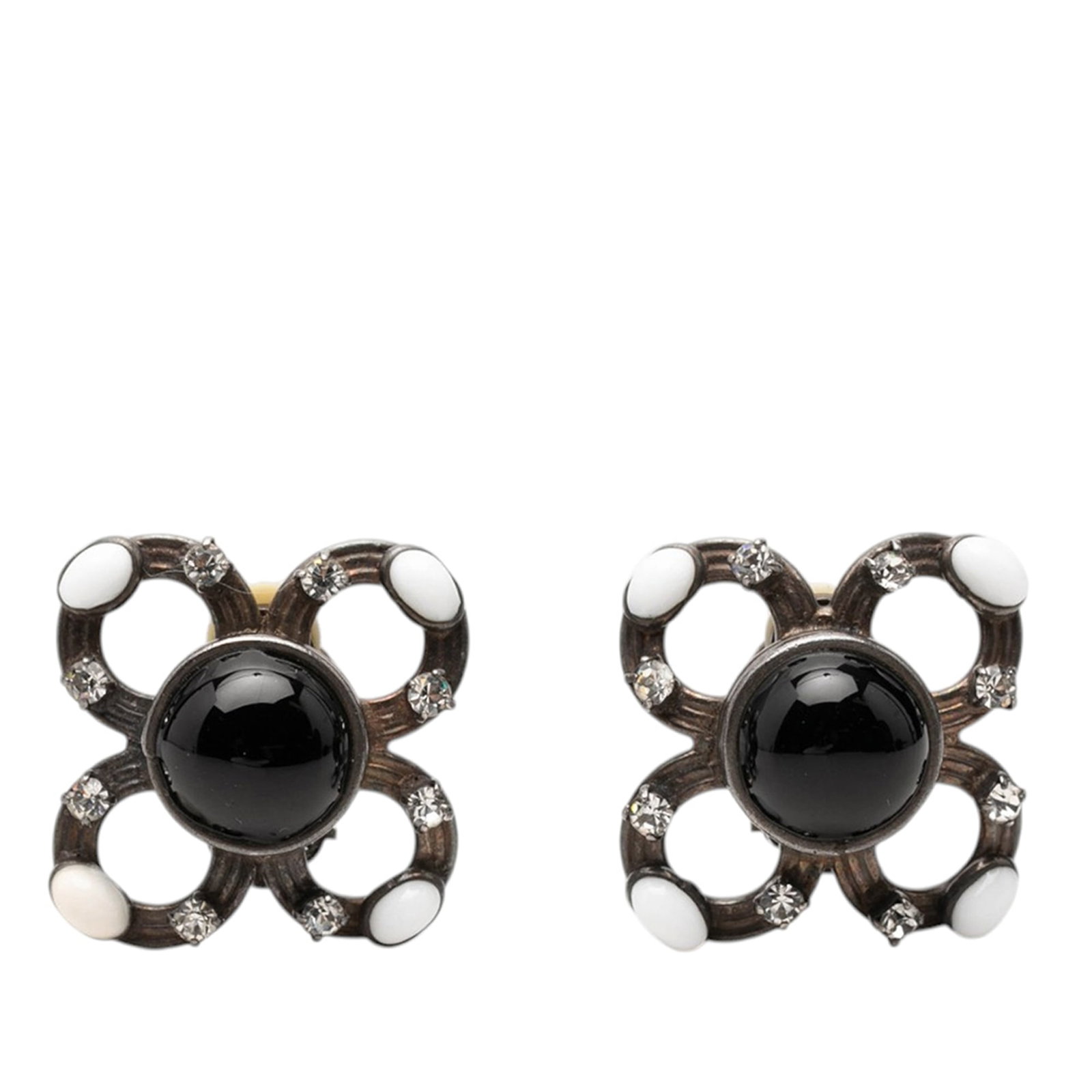 Chanel cabochon clip earrings with enamel and strass: Chanel cabochon clip earrings with enamel and strass Clip-on earrings with a brass metal body, enamel and glass details, and strass embellishments. Made in France, this costume jewelry design shows vi