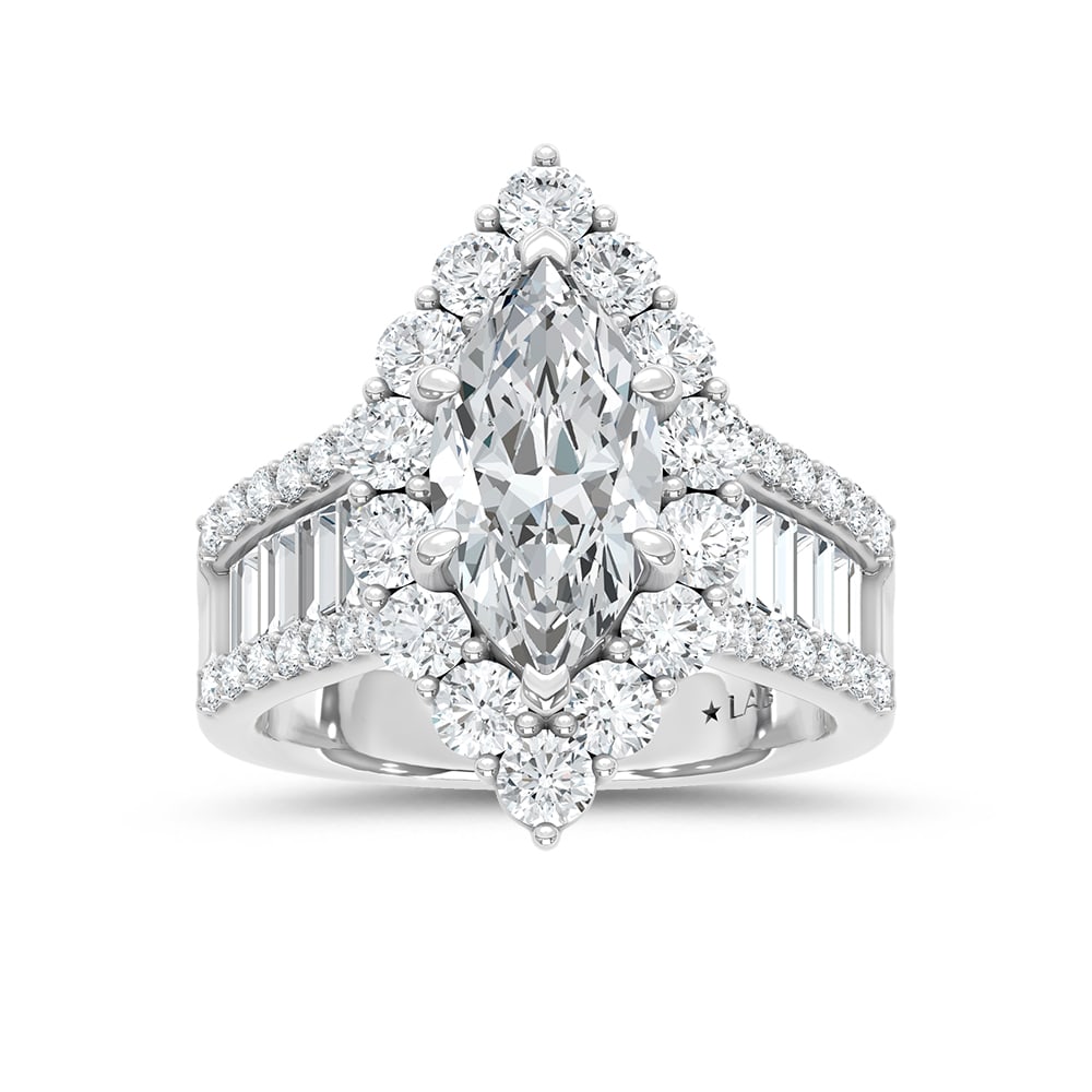 14K White Gold Lab Grown Round Shape Diamond 4 3/8 Ct.Tw. Halo Engagement Ring: 14K White Gold Lab Grown Round Shape Diamond 4 3/8 Ct.Tw. Halo Engagement Ring Celebrate your forever moment with the timeless brilliance of our Halo Diamond Engagement Ring. This exquisite piece feat