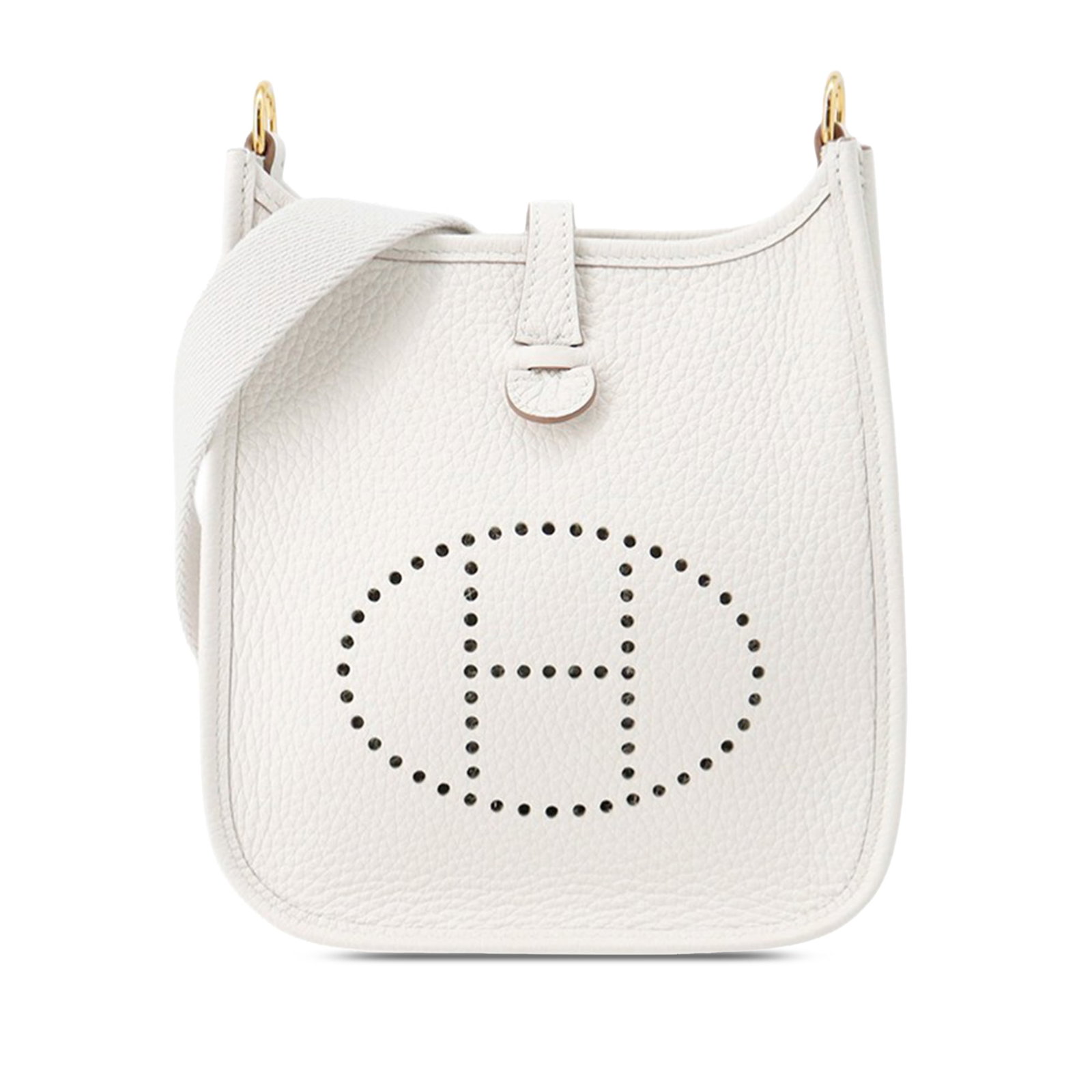 White Leather Crossbody Bag Hermes Clemence Evelyne TPM: White Leather Crossbody Bag Hermes Clemence Evelyne TPM Hermes Clemence Evelyne TPM shoulder bag crafted in white leather with a flat strap and an open top with tuck closure. Includes the dust bag and