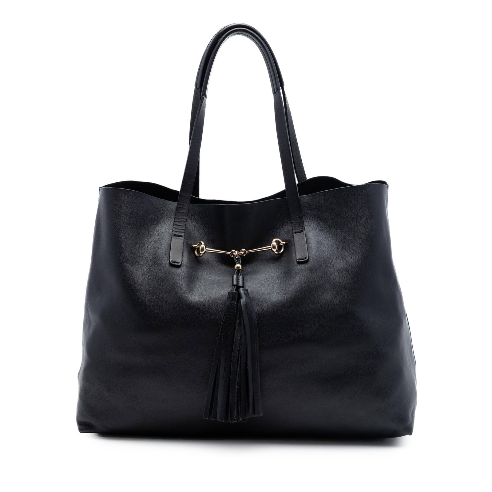 Gucci Park Avenue Horsebit Medium Calfskin Leather Tote Bag: Gucci Park Avenue Horsebit Medium Calfskin Leather Tote Bag Gucci Park Avenue Horsebit Tote in black calfskin leather with horsebit and tassel details. This medium tote features flat leather straps, a