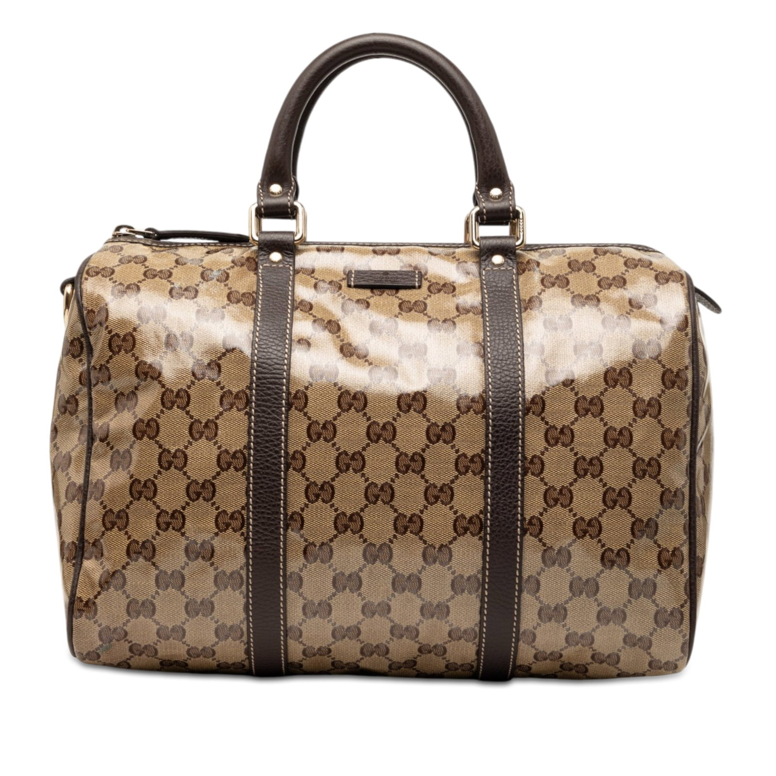 Gucci GG Crystal Joy Medium Boston Handbag Beige: Gucci GG Crystal Joy Medium Boston Handbag Beige Gucci Medium GG Crystal Joy Boston Bag in beige with a coated canvas body, leather trim, and rolled leather handles. The bag features a top zip closure