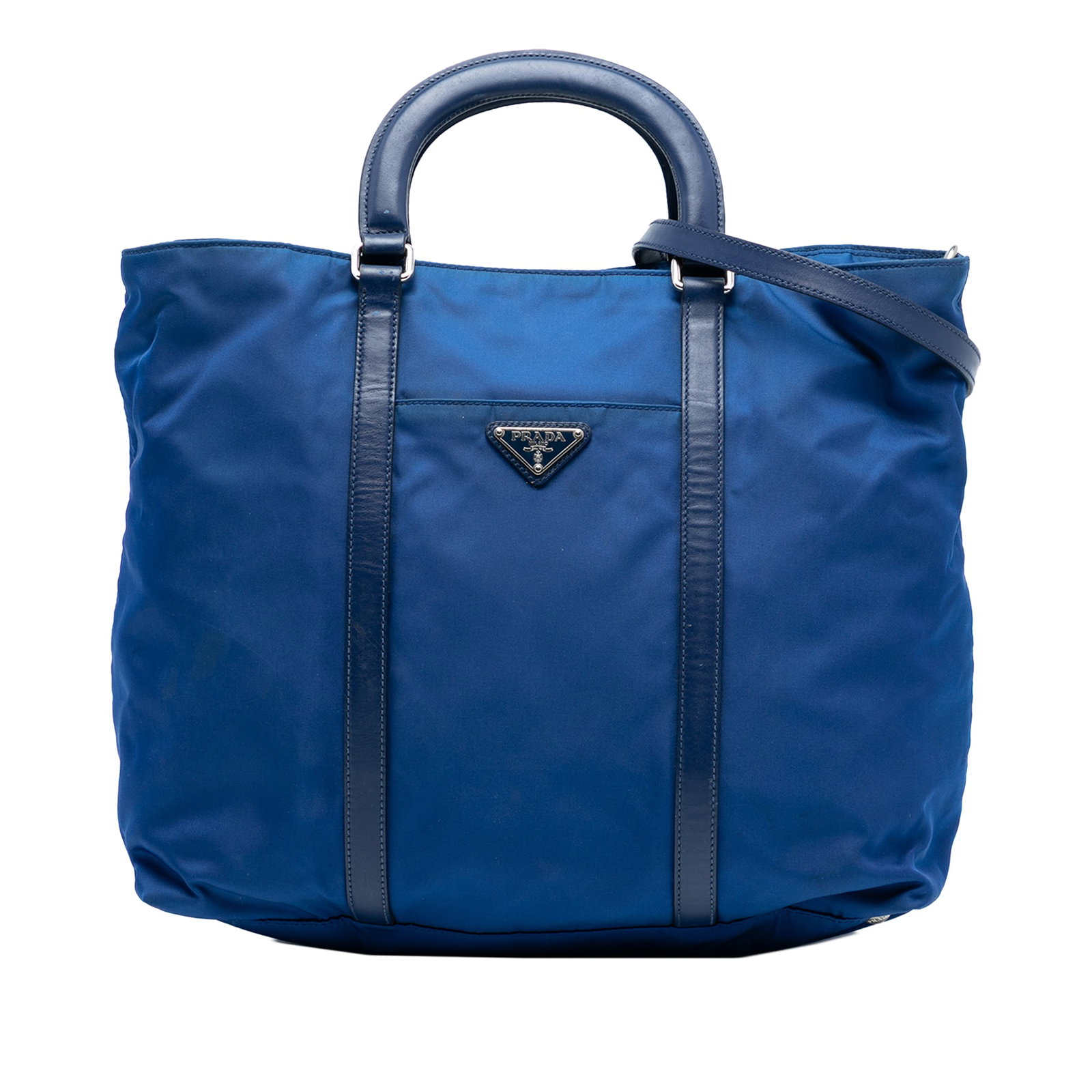 Prada Tessuto Nylon Satchel with Leather Trim and Detachable Strap: Prada Tessuto Nylon Satchel with Leather Trim and Detachable Strap This Prada Vitello Trimmed Tessuto Satchel features a durable nylon body with leather trim, flat leather handles, and a detachable fl