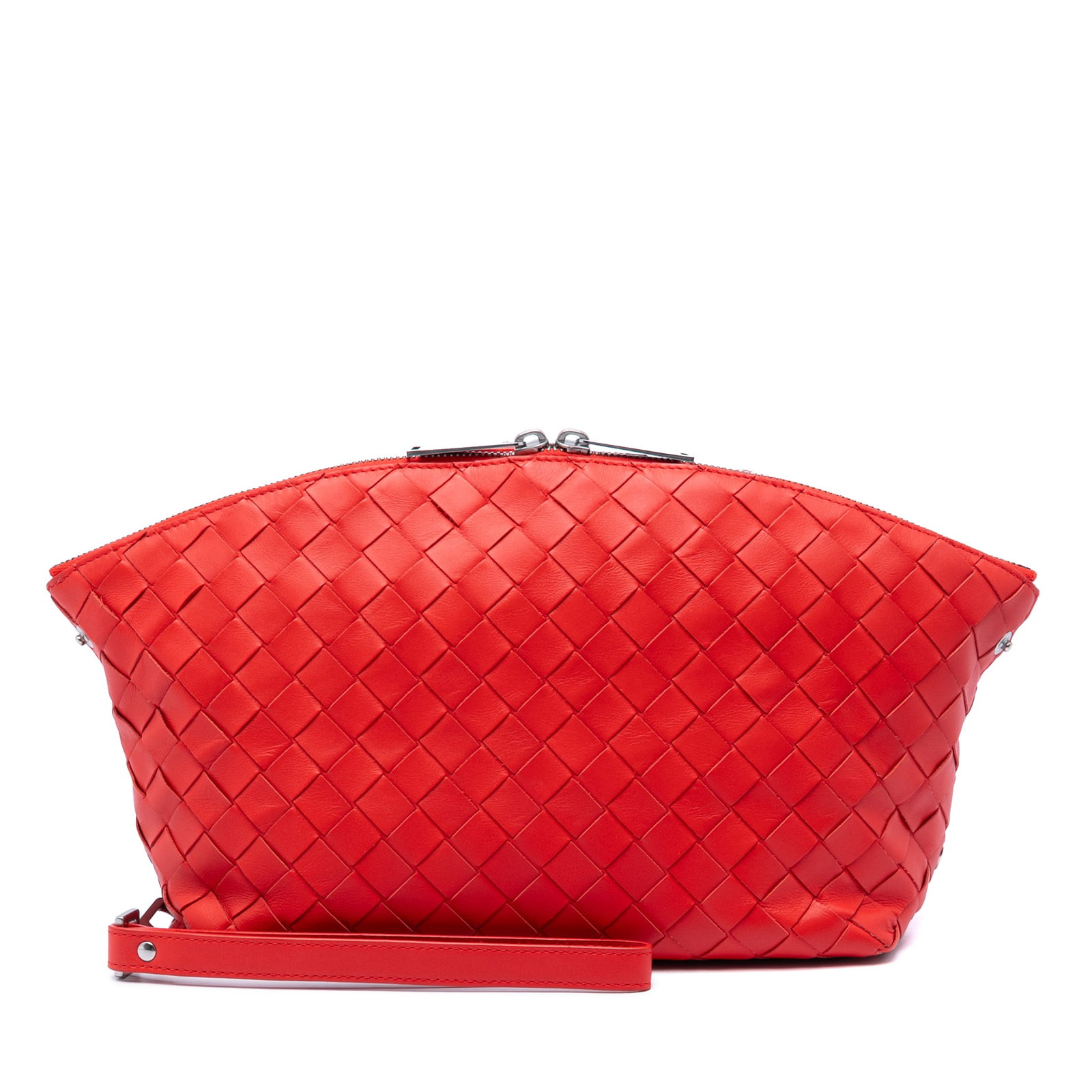 Bottega Veneta Intrecciato Nappa Leather Wristlet Clutch Red: Bottega Veneta Intrecciato Nappa Leather Wristlet Clutch Red Bottega Veneta Nappa Intrecciato Wristlet Pouch crafted in woven nappa leather with a detachable flat leather wrist strap and a two-way top