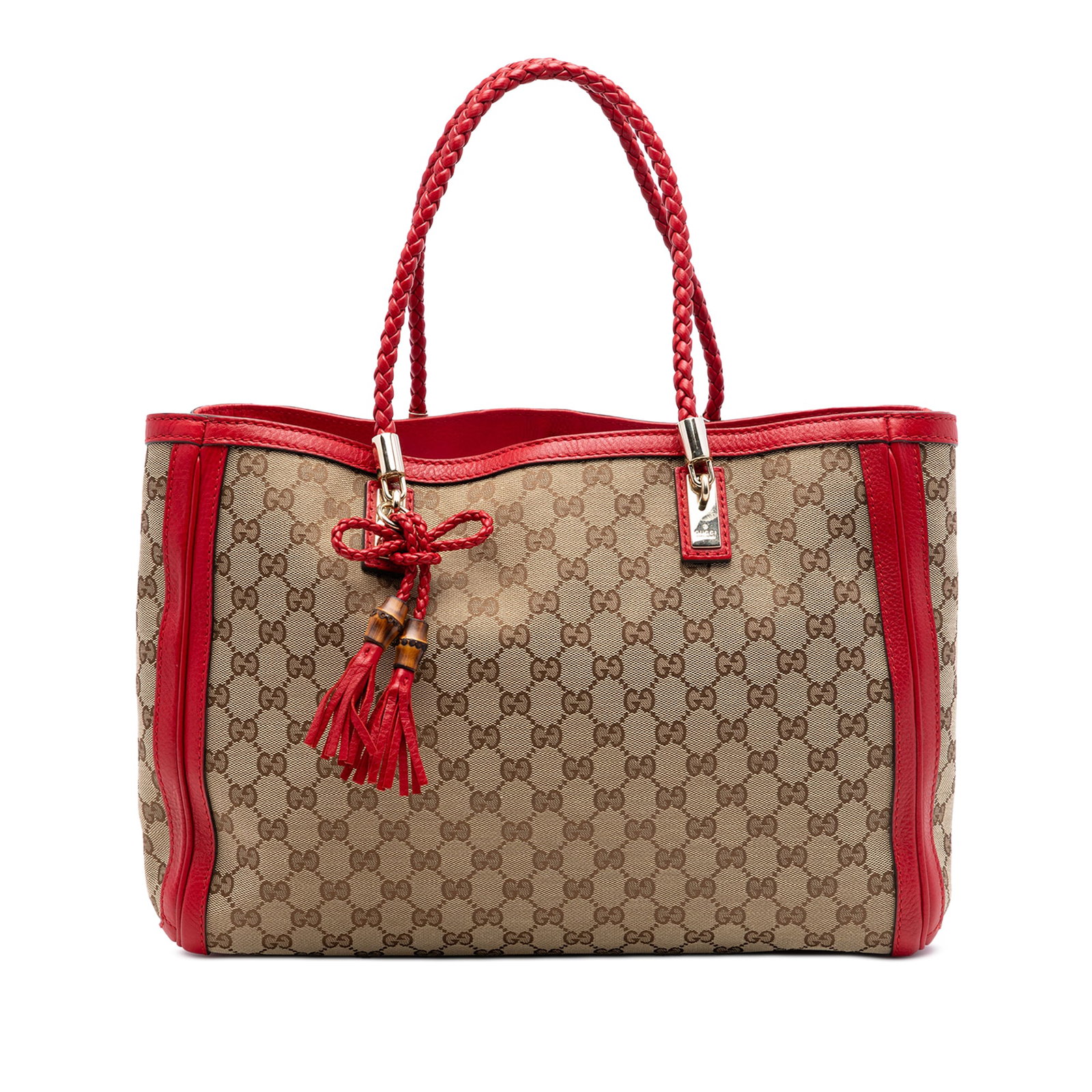 Gucci Bella Tote Beige GG Canvas Handbag with Leather Trim: Gucci Bella Tote Beige GG Canvas Handbag with Leather Trim Gucci Bella tote in beige GG canvas with leather trim and braided leather straps. The bag features an open top with a clasp closure, an inter