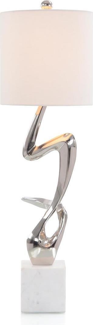 John-Richard Polished Nickel Table Lamp with White Linen Shade: John-Richard Polished Nickel Table Lamp with White Linen Shade Illuminate your space with this elegant Polished Nickel Table Lamp, designed with a sleek cylindrical shade. The lamp features a white li