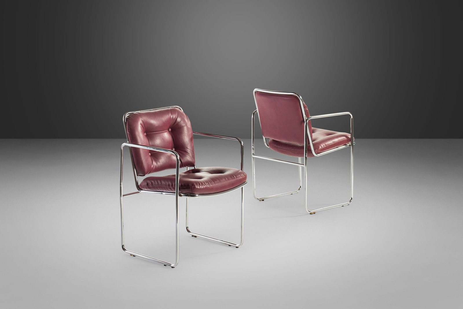 Mid Century Modern Chromcraft Chrome Lounge Chairs Oxblood Vinyl 1960s: Mid Century Modern Chromcraft Chrome Lounge Chairs Oxblood Vinyl 1960s Experience timeless elegance with this pair of Mid Century Modern Tubular Chrome Lounge Chairs, crafted by Chromcraft in the 1960