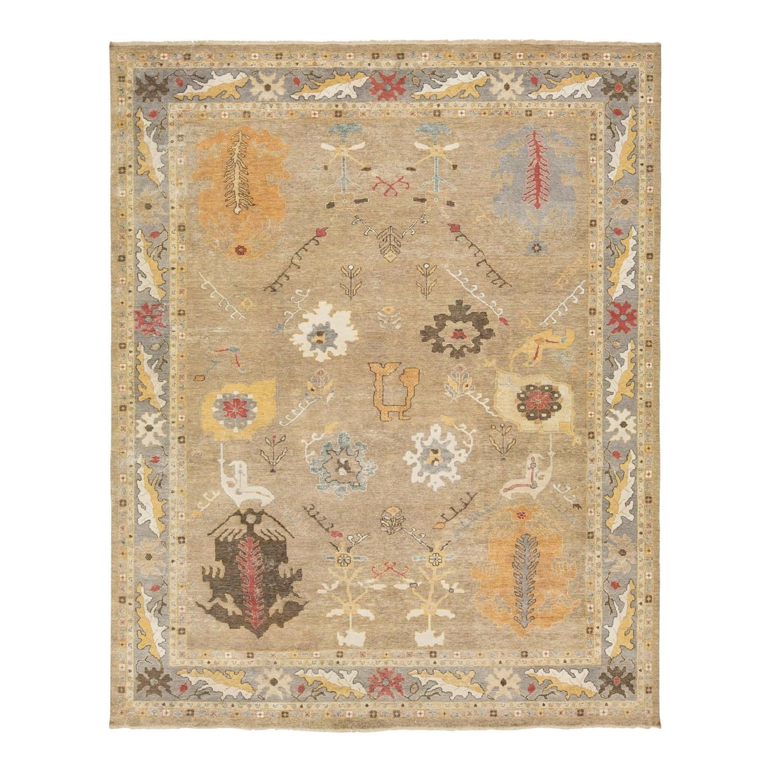 12'2" x 15'1" Modern Floral Oushak Style Wool Rug: 12'2" x 15'1" Modern Floral Oushak Style Wool Rug Enhance your living space with this exquisite hand-knotted modern Oushak-style wool rug. Featuring a rich brown backdrop, this stunning piece showcase