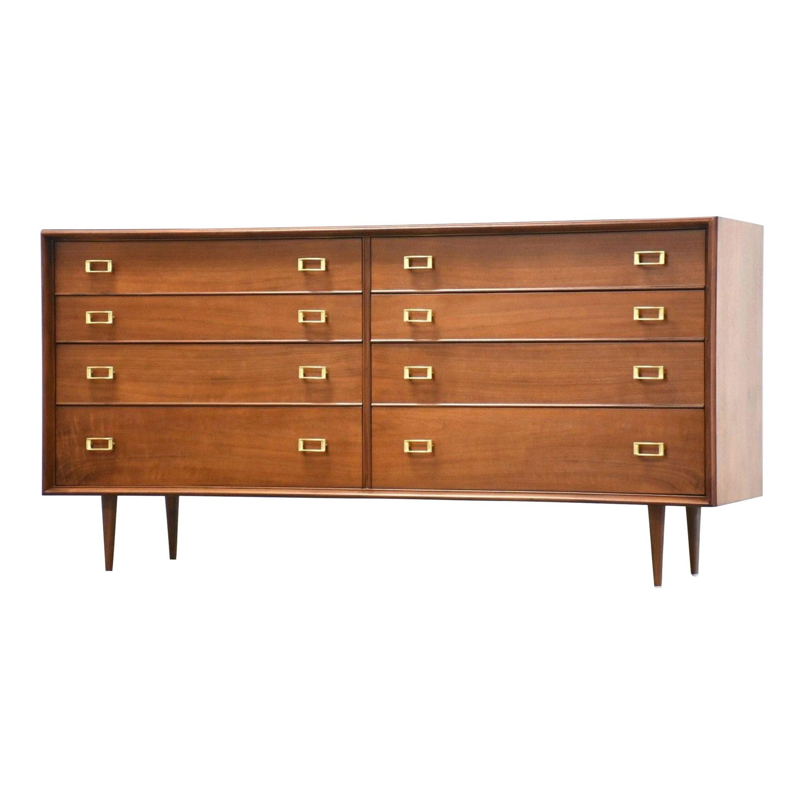 1960s Paul Frankl Walnut Dresser with Brass Pulls: 1960s Paul Frankl Walnut Dresser with Brass Pulls This stunning mid-century modern dresser, designed by Paul Frankl for Johnson Furniture, features a refined walnut finish and eight spacious drawers, 