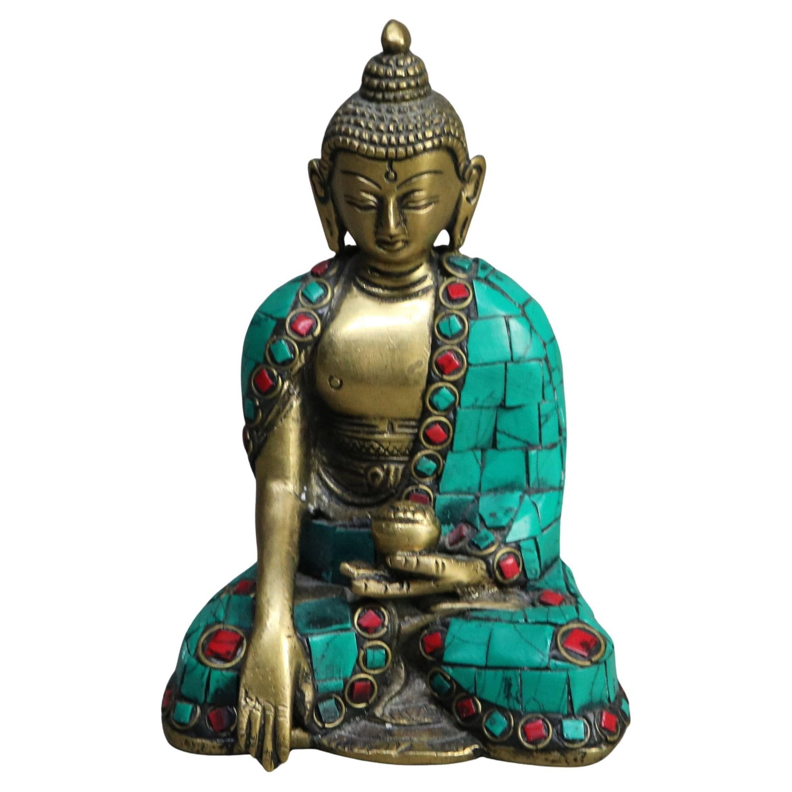 Bronze Tibetan Buddhist Deity Statue with Polychrome Mosaic Inlays 20th Century: Bronze Tibetan Buddhist Deity Statue with Polychrome Mosaic Inlays 20th Century This finely crafted Tibetan bronze statue depicts a Buddhist deity in a serene meditative pose holding a small vessel. D