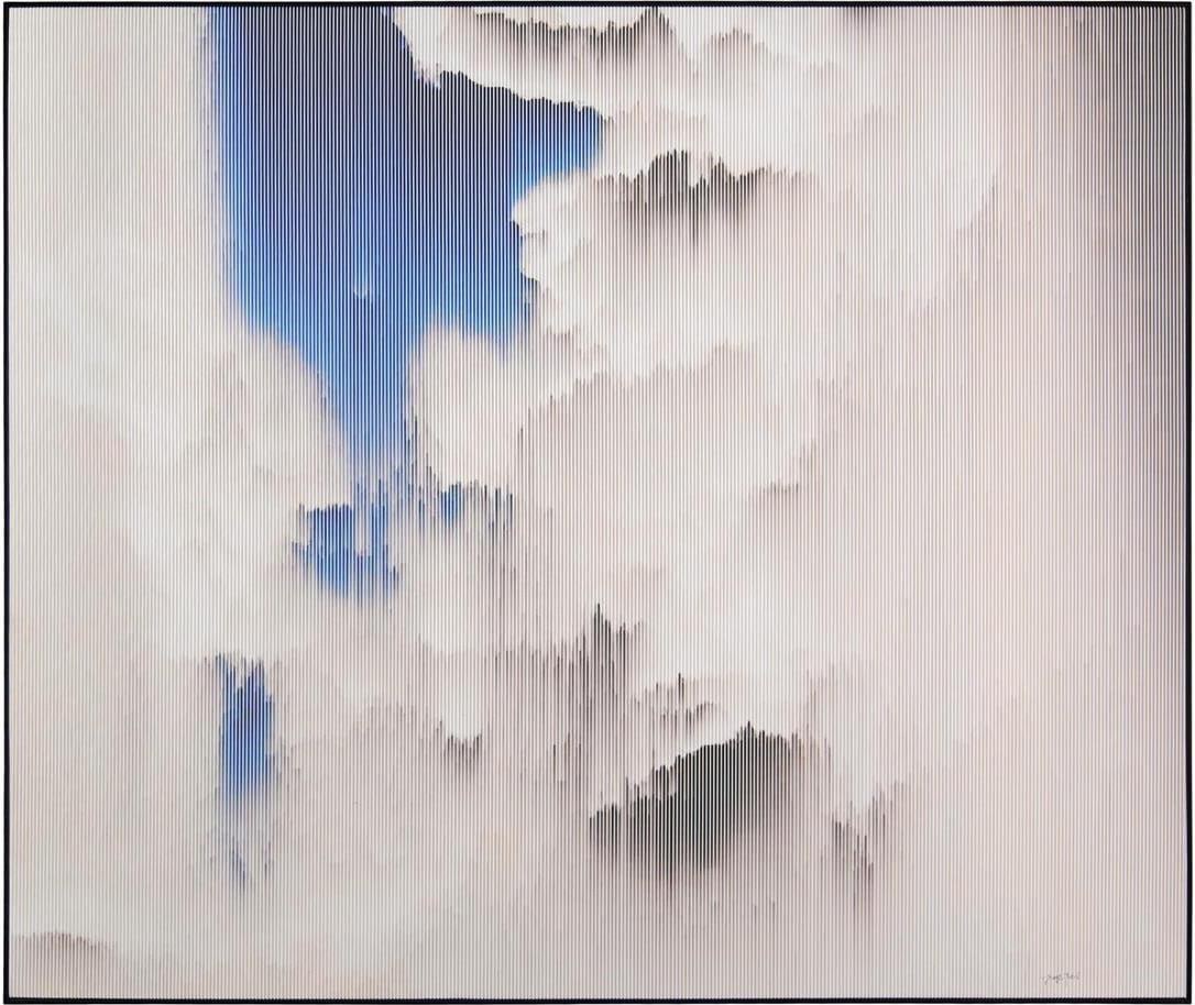 Teng Fei Cloudy Nights Artwork Framed in Black 51x59: Teng Fei Cloudy Nights Artwork Framed in Black 51x59 This stunning artwork titled 'Cloudy Nights' by Teng Fei features a mesmerizing depiction of a serene night scene. The piece is presented in a slee