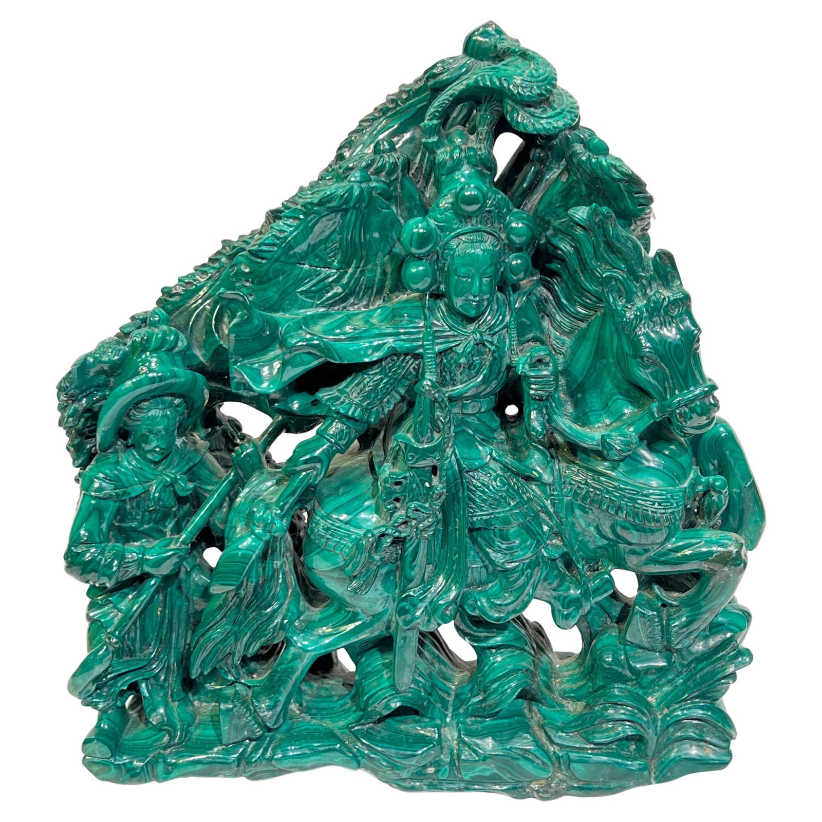 Hand-Carved Malachite Figure of Bodhisattva Riding Horse 20th Century: Hand-Carved Malachite Figure of Bodhisattva Riding Horse 20th Century This exceptional hand-carved malachite sculpture depicts a Buddhist Bodhisattva mounted on horseback. Crafted from a single piece 