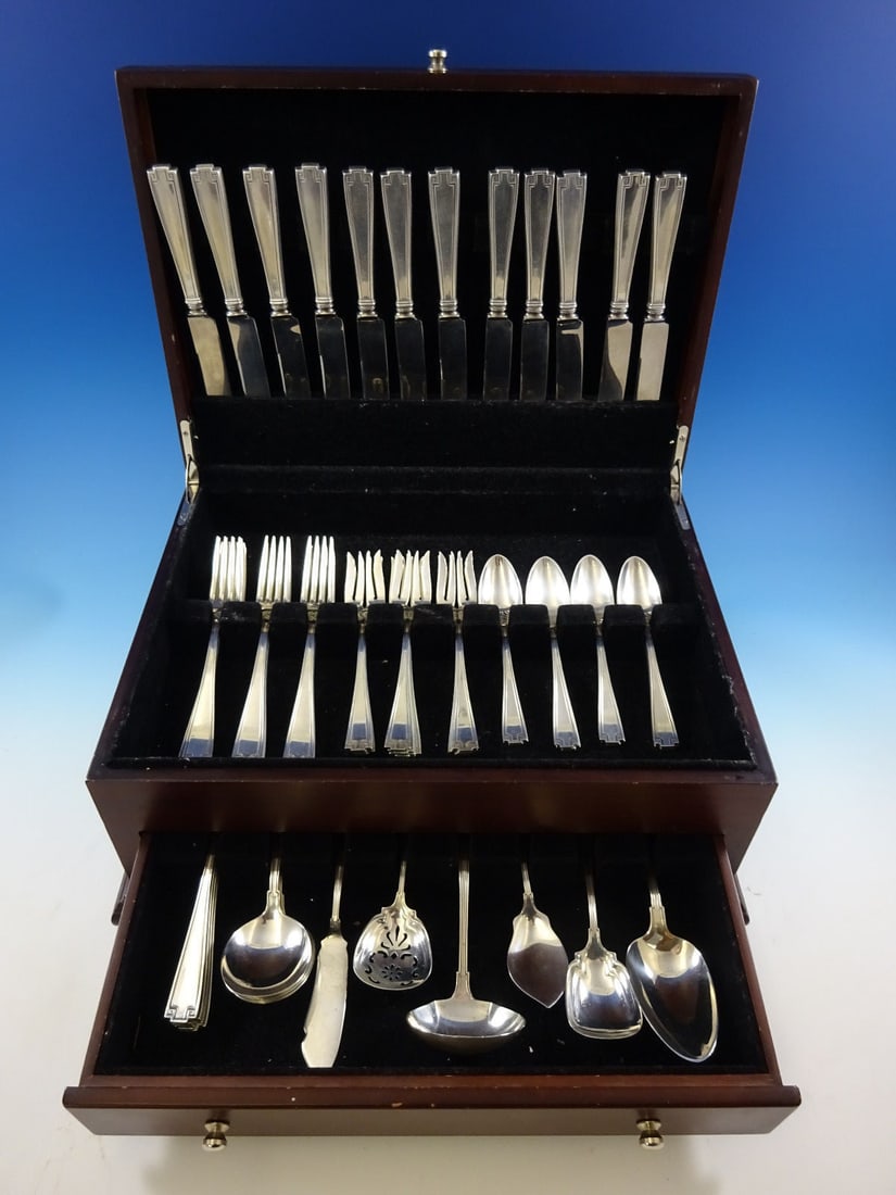 66 Piece Gorham Etruscan Sterling Silver Art Deco Flatware Set: 66 Piece Gorham Etruscan Sterling Silver Art Deco Flatware Set This is a Gorham Etruscan pattern sterling silver flatware set, featuring Art Deco styling. The set consists of 66 pieces, including 12 k