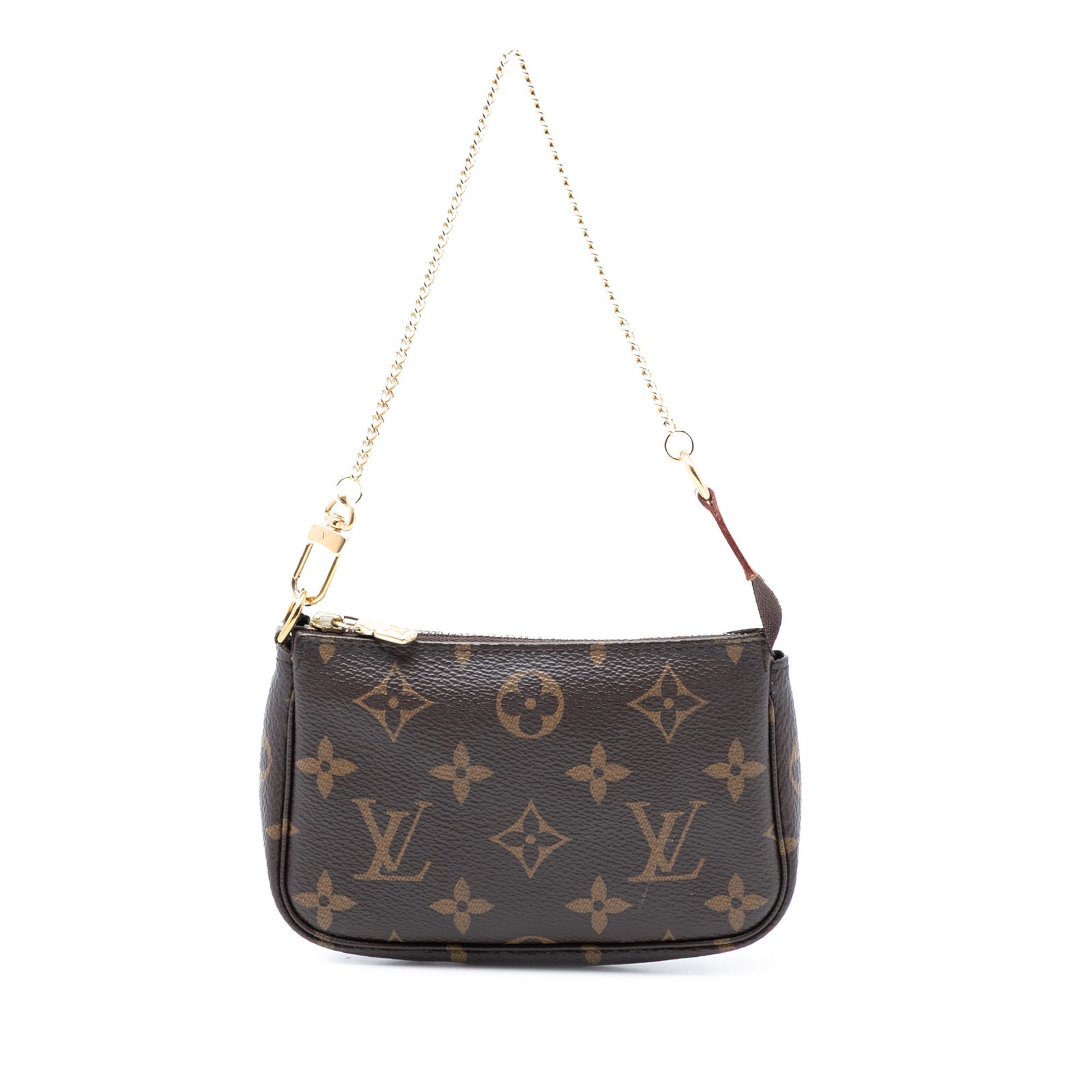 Louis Vuitton Mini Monogram Pouch with Gold Tone Chain Strap: Louis Vuitton Mini Monogram Pouch with Gold Tone Chain Strap This Louis Vuitton Monogram Mini Pochette Accessoires features a signature monogram canvas body with a gold-tone chain strap and a secure t