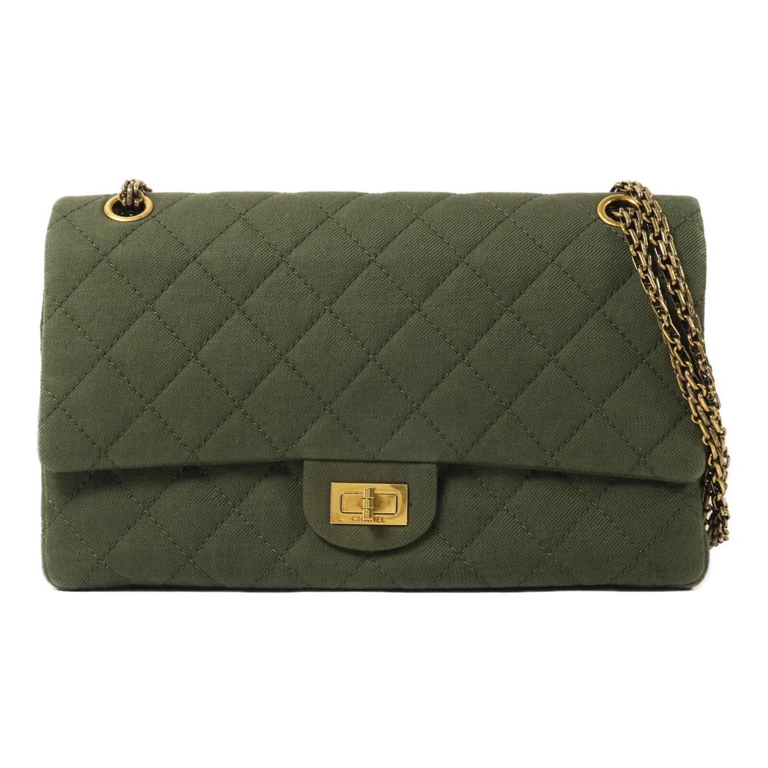 Green CHANEL 2.55 CC GHW Canvas Shoulder Bag: Green CHANEL 2.55 CC GHW Canvas Shoulder Bag This CHANEL 2.55 chain shoulder bag features a green canvas exterior and signature CC detailing. Designed as a classic shoulder bag, it offers a stylish an