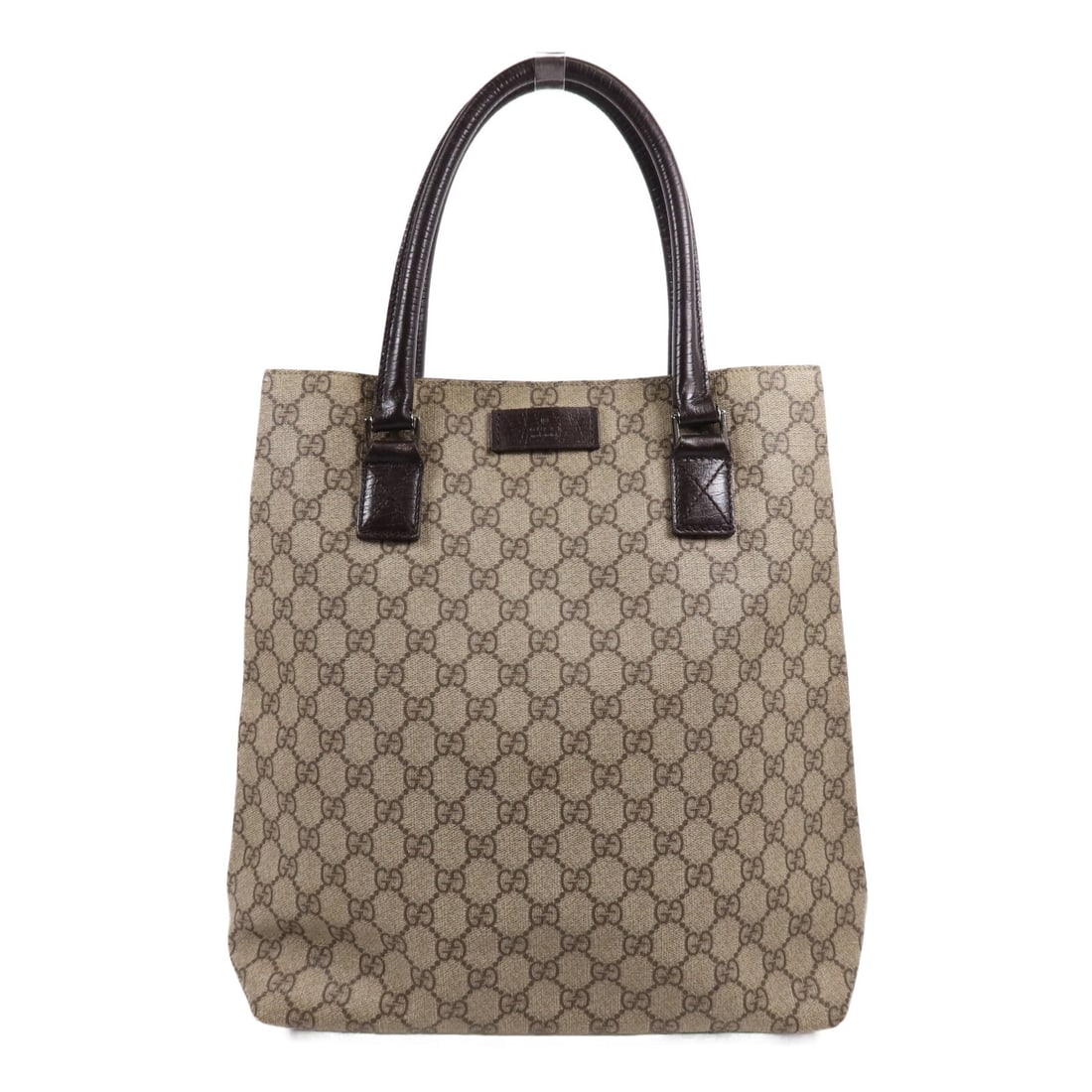 Gucci GG SHW brown coated canvas tote bag 131220: Gucci GG SHW brown coated canvas tote bag 131220 This GUCCI tote bag features a brown PVC coated canvas exterior and silver hardware accents. Designed for women, the bag offers a spacious interior wit