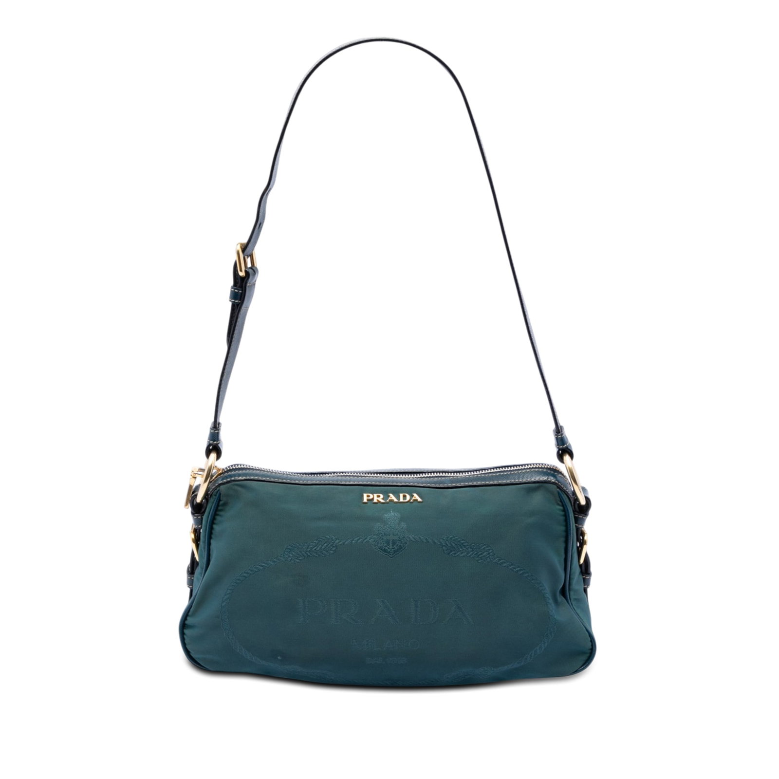 Prada Blue Nylon Tessuto Canapa Shoulder Bag: Prada Blue Nylon Tessuto Canapa Shoulder Bag This Prada Tessuto Canapa Logo Shoulder Bag features a blue nylon body with leather trim and an adjustable flat leather strap. The bag is designed with a t