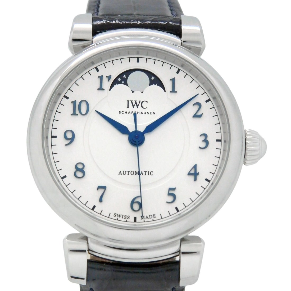 IWC Ladies Moonphase Wristwatch Silver Dial: IWC Ladies Moonphase Wristwatch Silver Dial This IWC Da Vinci Moonphase 36 IW459306 is a refined ladies' wristwatch featuring a silver dial. Crafted in Switzerland, this pre-owned timepiece combines e