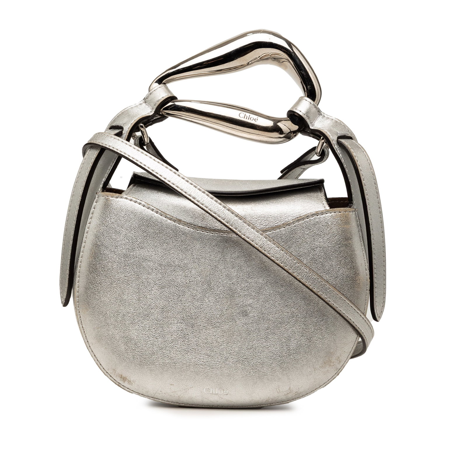 Chloe Kiss Satchel Small Silver Metallic Leather Bag: Chloe Kiss Satchel Small Silver Metallic Leather Bag Chloe Small Metallic Leather Kiss Satchel in silver leather with a metal top handle, flat leather strap, fold-over flap with snap closure, and an i