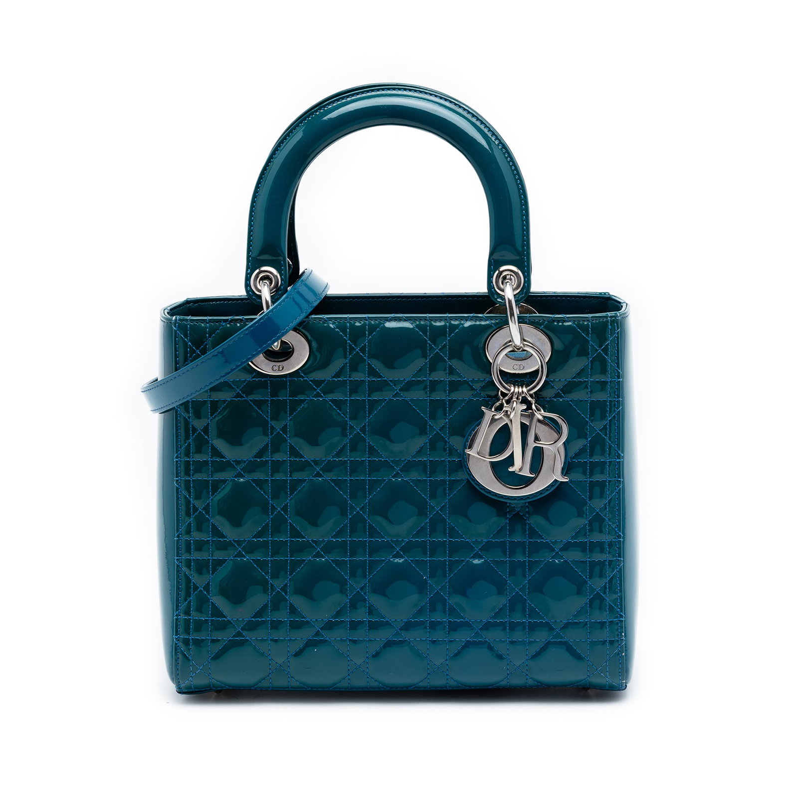 Dior Medium Patent Cannage Lady Dior Blue Leather Bag: Dior Medium Patent Cannage Lady Dior Blue Leather Bag This Medium Patent Cannage Lady Dior bag is crafted from quilted patent leather in blue, featuring flat leather top handles and a detachable flat 
