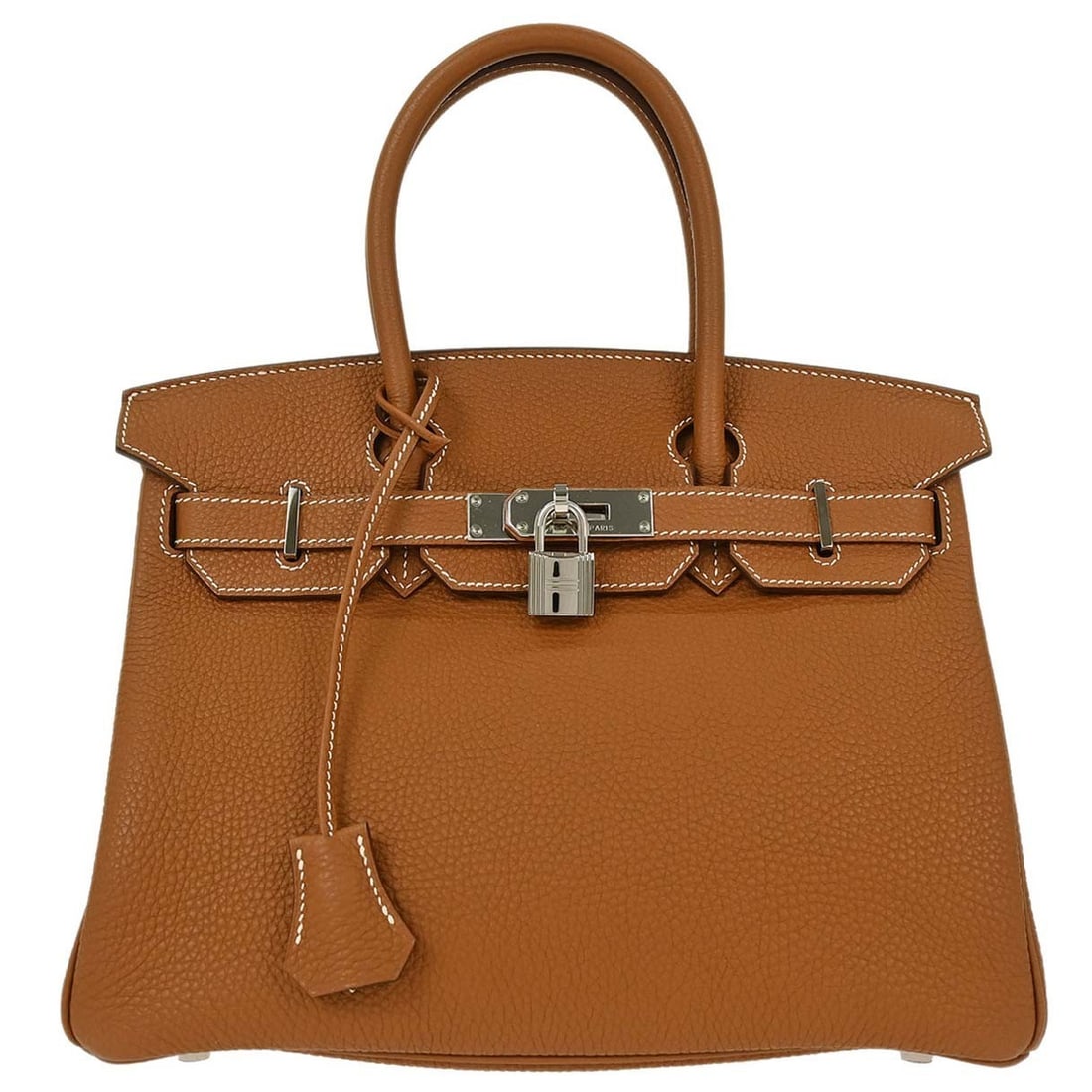 Hermes Birkin 30 Gold Togo Leather Top Handle Bag: Hermes Birkin 30 Gold Togo Leather Top Handle Bag Hermes Birkin 30 handbag in Gold Togo leather with double handles and a turn-lock flap closure. Made in France, this medium top handle bag features si