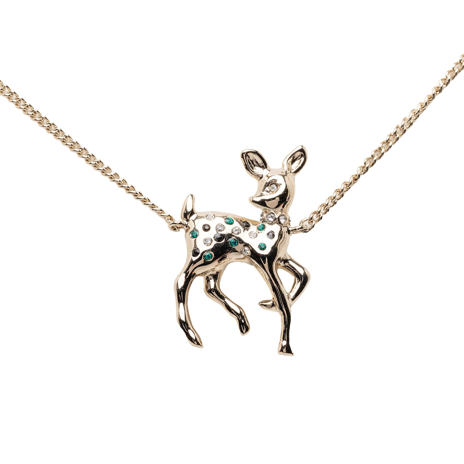 Chanel Deer Pendant Necklace with CC Logo Rhinestone Gold Plated Chain: Chanel Deer Pendant Necklace with CC Logo Rhinestone Gold Plated Chain This Chanel necklace features a gold-tone metal pendant in the shape of a deer, embellished with rhinestones. The chain is accent