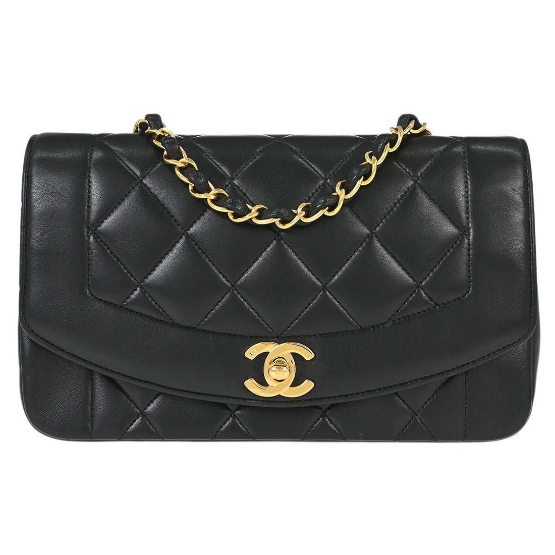 CHANEL Diana Small Black Lambskin Chain Shoulder Bag: CHANEL Diana Small Black Lambskin Chain Shoulder Bag Chanel Small Diana shoulder bag in black lambskin with a matelasse quilted exterior and flap turnlock closure. This women's bag features a single c
