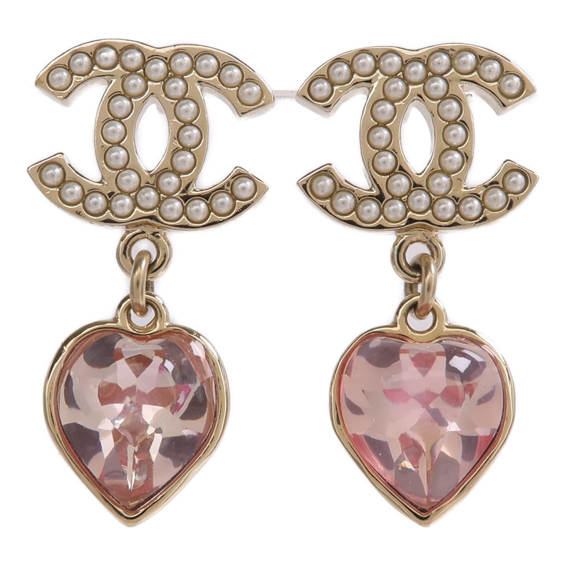 CHANEL Gold CC Pierced Earrings: CHANEL Gold CC Pierced Earrings These CHANEL CC pierced earrings feature a classic design in gold-tone metal with pink and white accents. Crafted for women, these earrings offer a stylish and elegant 