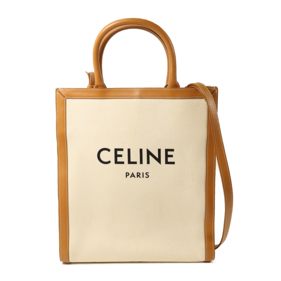Cabas Canvas and Leather Shoulder Bag by CELINE with Gold Hardware White Brown: Cabas Canvas and Leather Shoulder Bag by CELINE with Gold Hardware White Brown This CELINE 2-way shoulder bag features a combination of canvas and leather in white and brown tones. Designed with pract