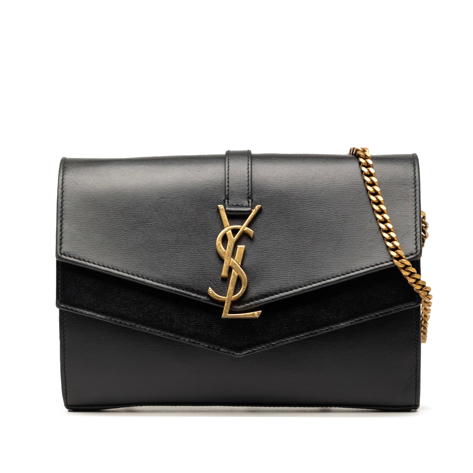 Saint Laurent Sulpice leather wallet on chain bag: Saint Laurent Sulpice leather wallet on chain bag Saint Laurent Leather Monogram Sulpice Wallet on Chain in black leather. This crossbody bag features a chain link strap, a front flap with magnetic sn