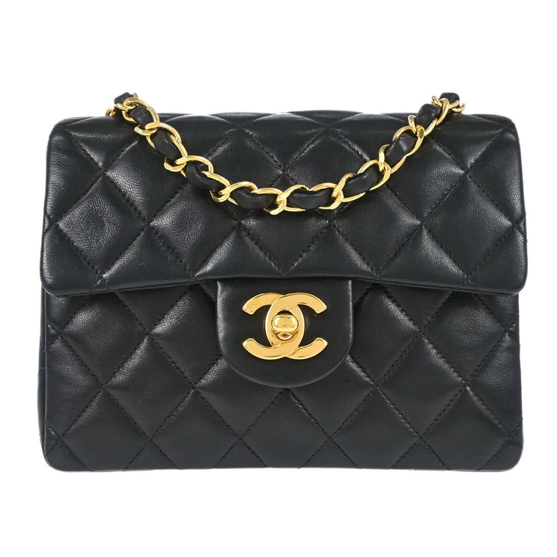 CHANEL Classic Flap Mini Square Black Lambskin Shoulder Bag: CHANEL Classic Flap Mini Square Black Lambskin Shoulder Bag Chanel Classic Flap Mini Square shoulder bag in black lambskin leather with a matelasse quilted finish and flap turnlock closure. This small