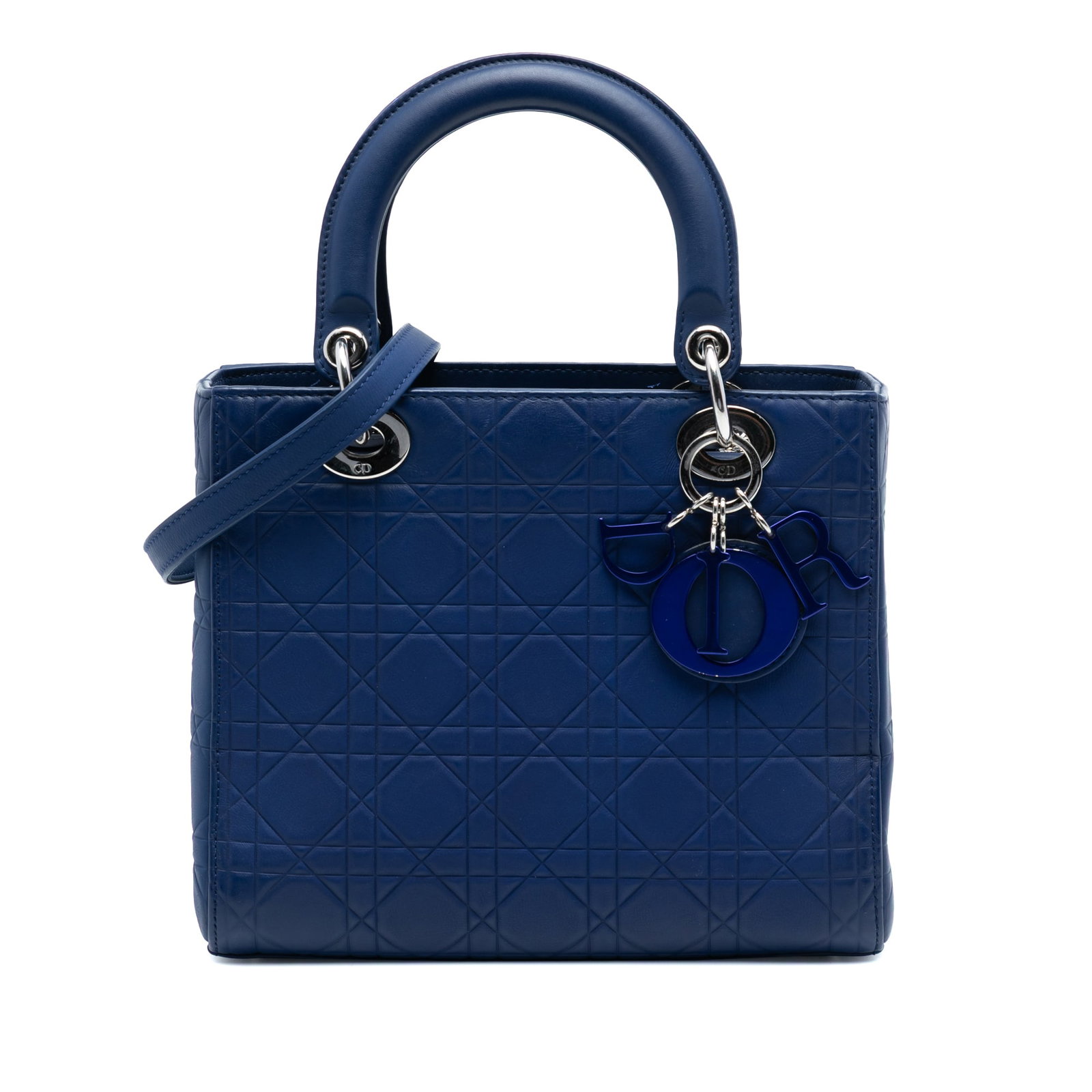 Dior Lady Dior Medium Blue Cannage Embossed Calfskin Handbag with Strap: Dior Lady Dior Medium Blue Cannage Embossed Calfskin Handbag with Strap This Lady Dior handbag showcases a blue cannage-embossed ultra matte calfskin leather exterior with rolled top handles and a det