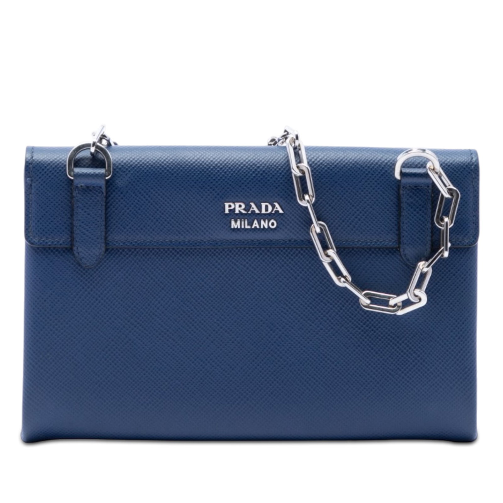 Prada Twist Lock Chain Flap Saffiano Leather Crossbody Bag: Prada Twist Lock Chain Flap Saffiano Leather Crossbody Bag This Prada Saffiano Cuir Twist Lock Chain Flap bag is crafted from blue saffiano leather and features a chain link shoulder strap with an adj