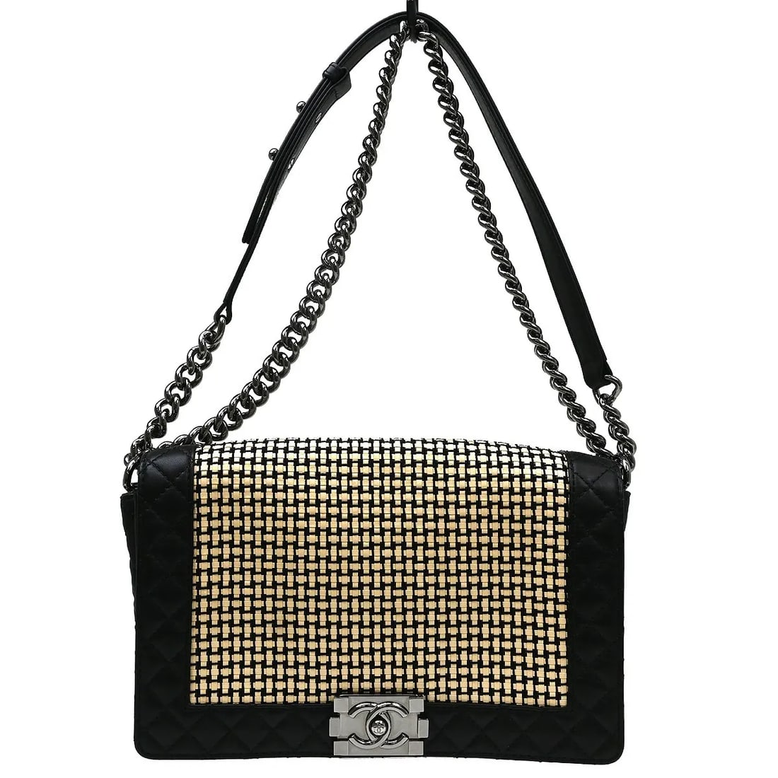 Chanel Reverso Boy Flap Black Leather Handbag 28cm: Chanel Reverso Boy Flap Black Leather Handbag 28cm Chanel Reverso Boy Flap bag in black leather with a woven design. This piece is made in Italy and remains in good overall condition, with minor signs