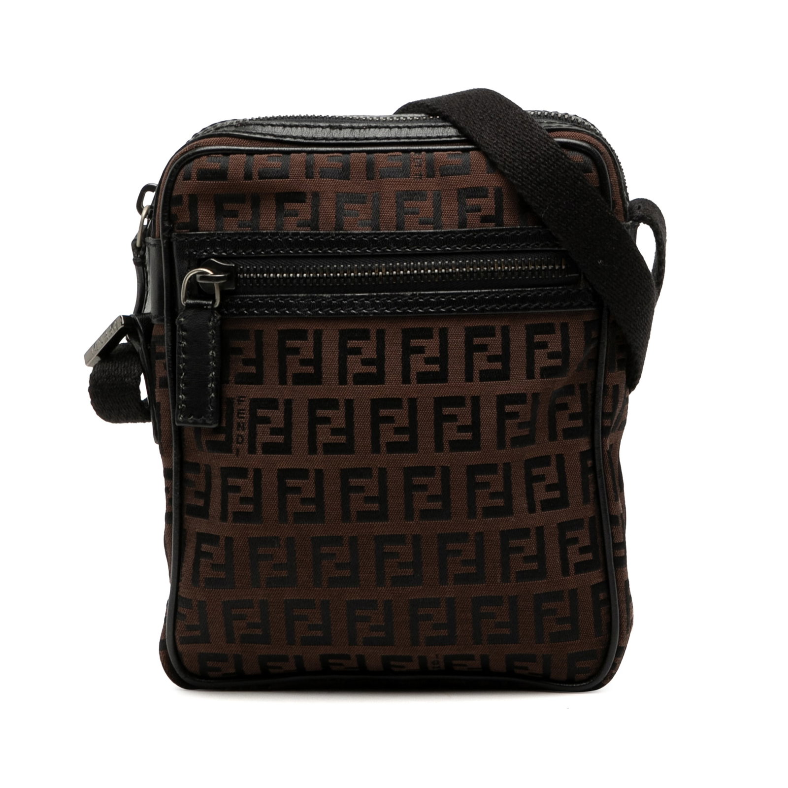 Fendi Zucchino Pattern Canvas Brown Crossbody Bag with Leather Trim: Fendi Zucchino Pattern Canvas Brown Crossbody Bag with Leather Trim This Fendi Zucchino Canvas Crossbody bag features a canvas body with leather trim, an adjustable flat strap, a top zip closure, an e